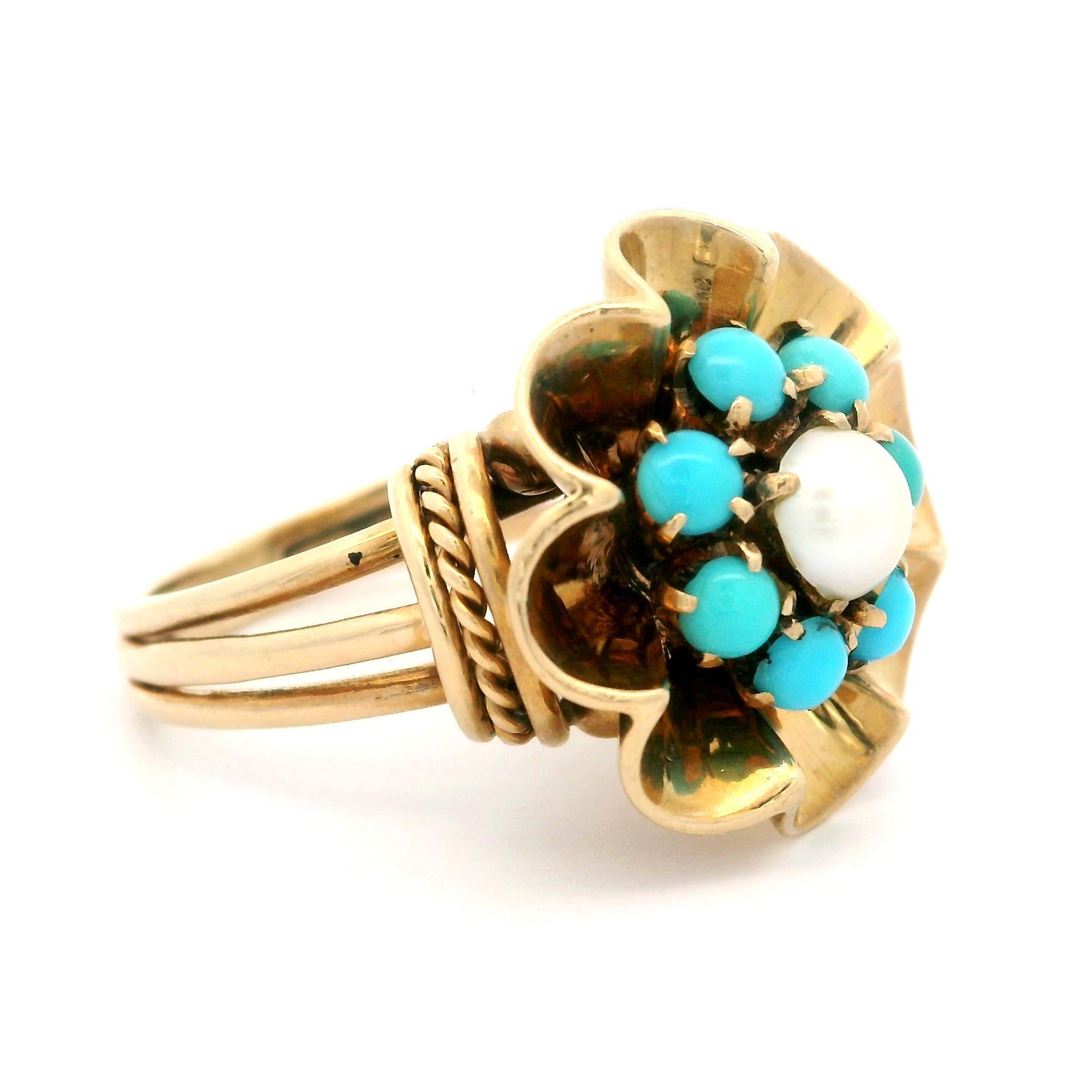 Women's English Handmade Yellow Gold Turquoise & Mabe Pearl Flower Wire Work Ring For Sale