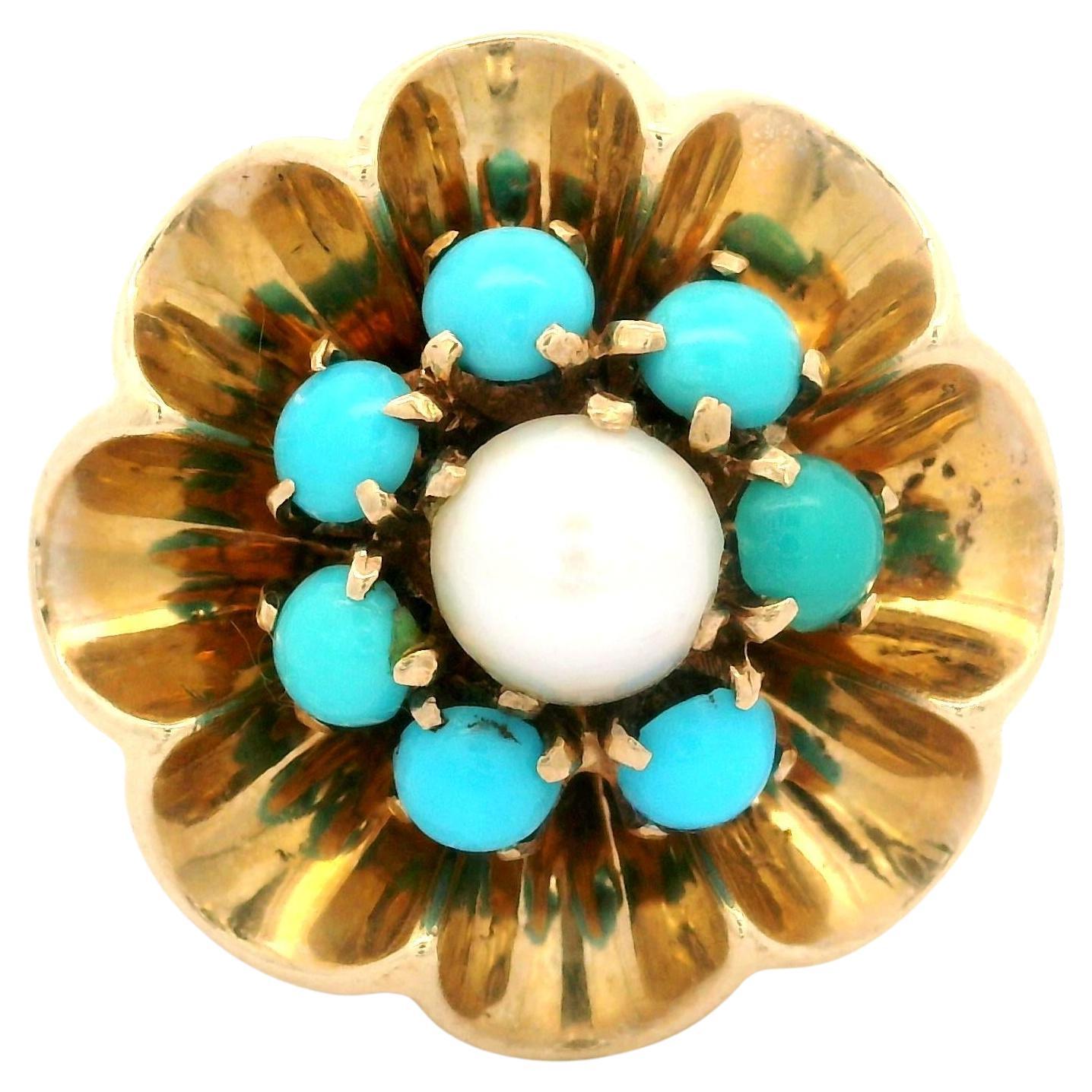 English Handmade Yellow Gold Turquoise & Mabe Pearl Flower Wire Work Ring
