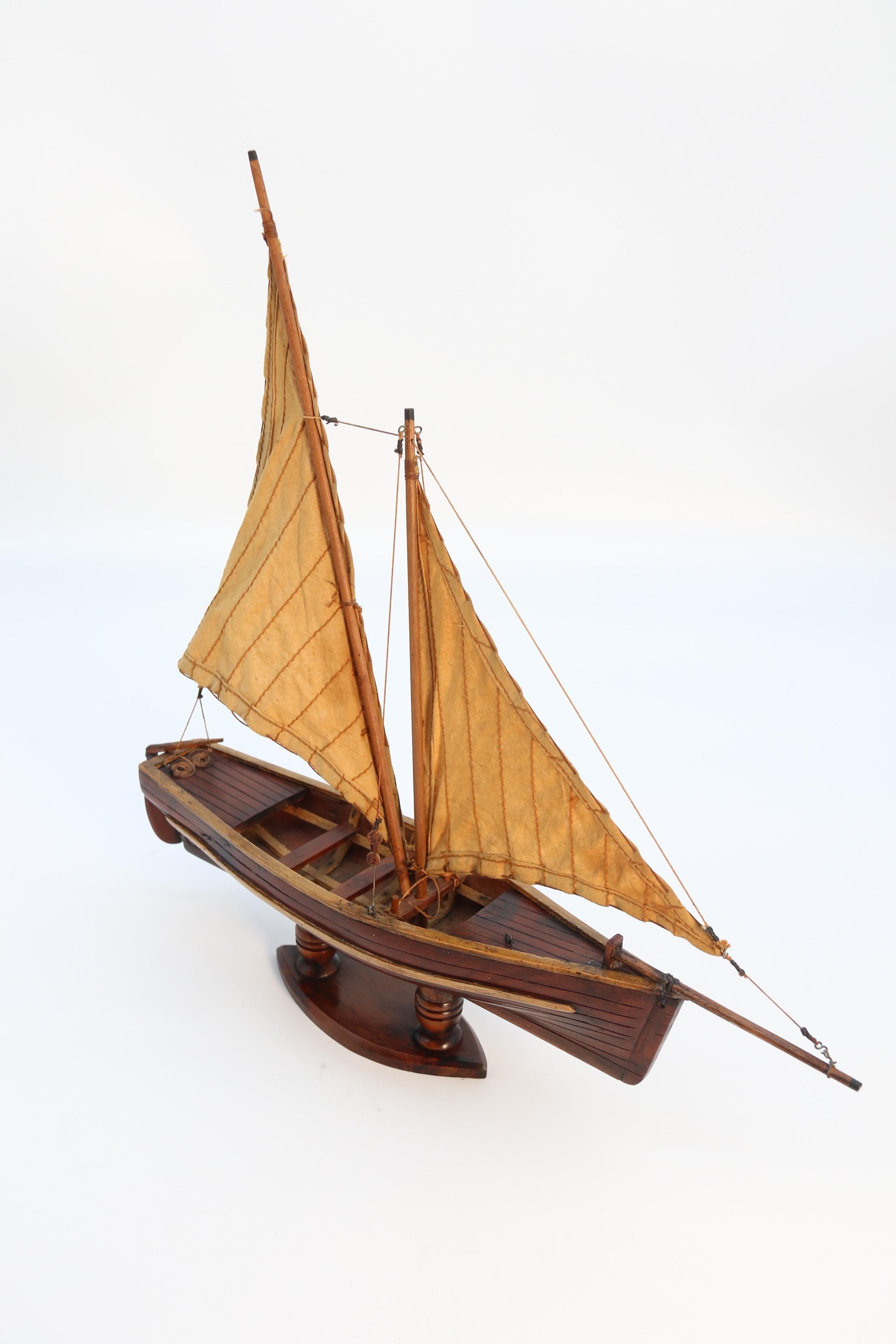 English handmade yew wood model of 19th century sailing boat, circa 1900 4