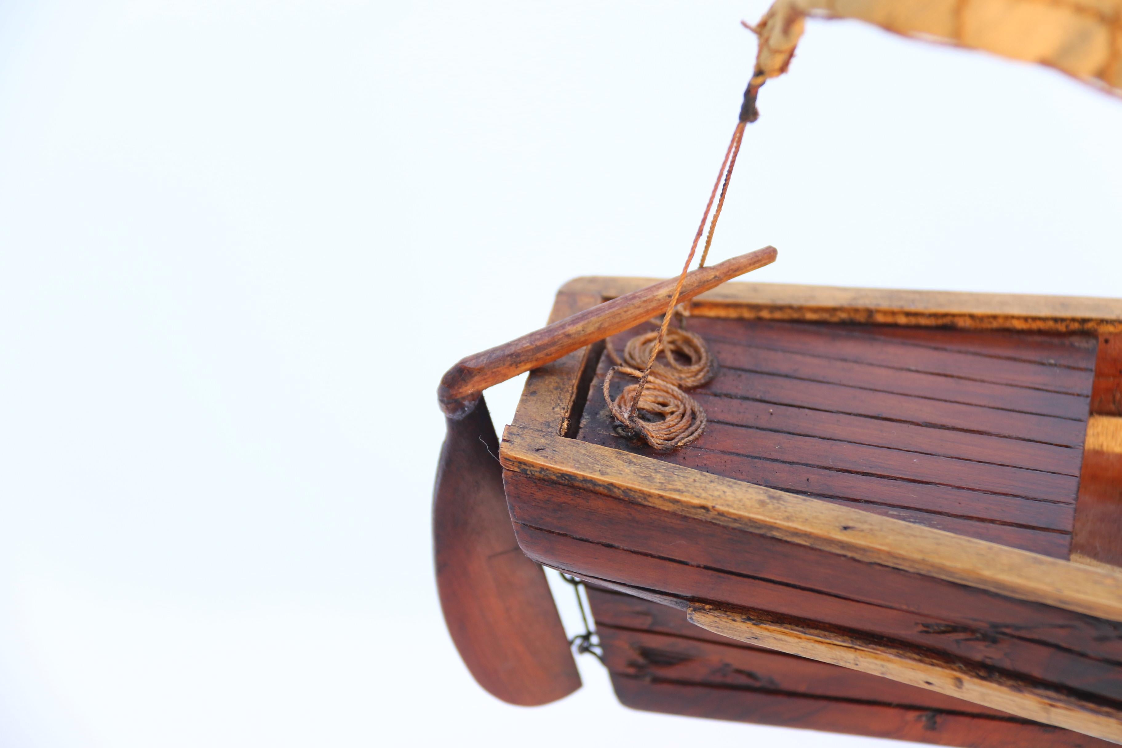 English handmade yew wood model of 19th century sailing boat, circa 1900 6