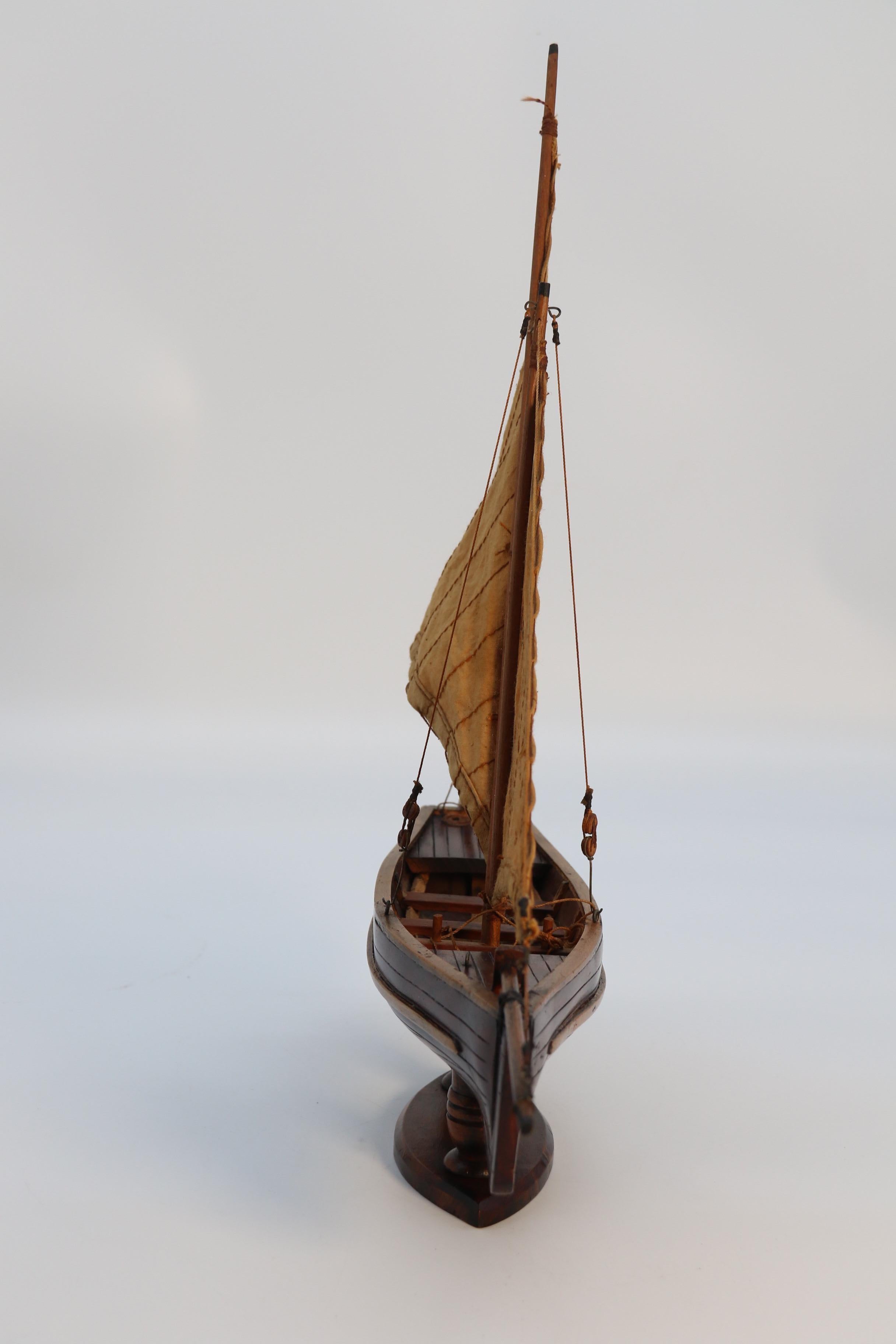 Hand-Crafted English handmade yew wood model of 19th century sailing boat, circa 1900