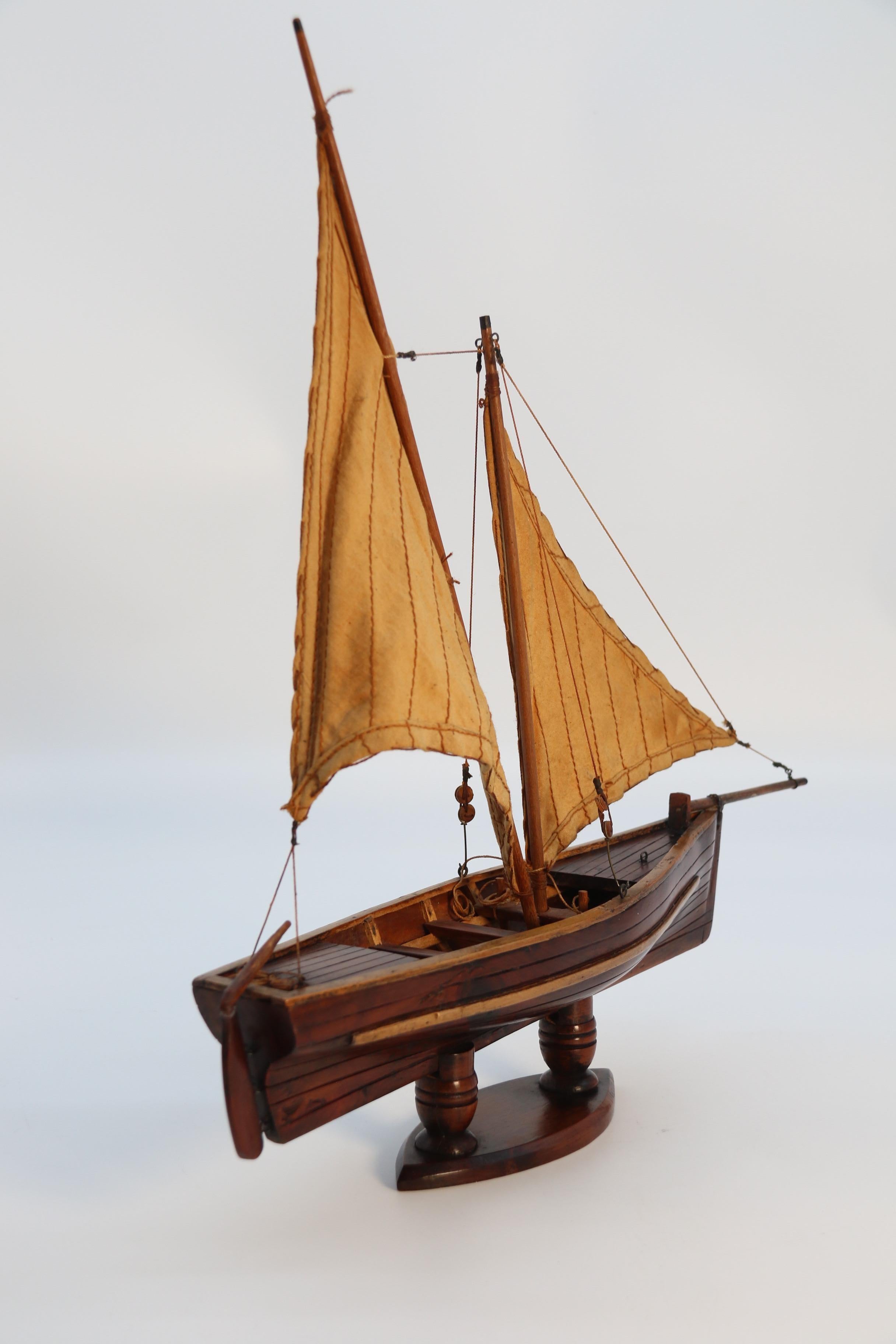 Yew English handmade yew wood model of 19th century sailing boat, circa 1900