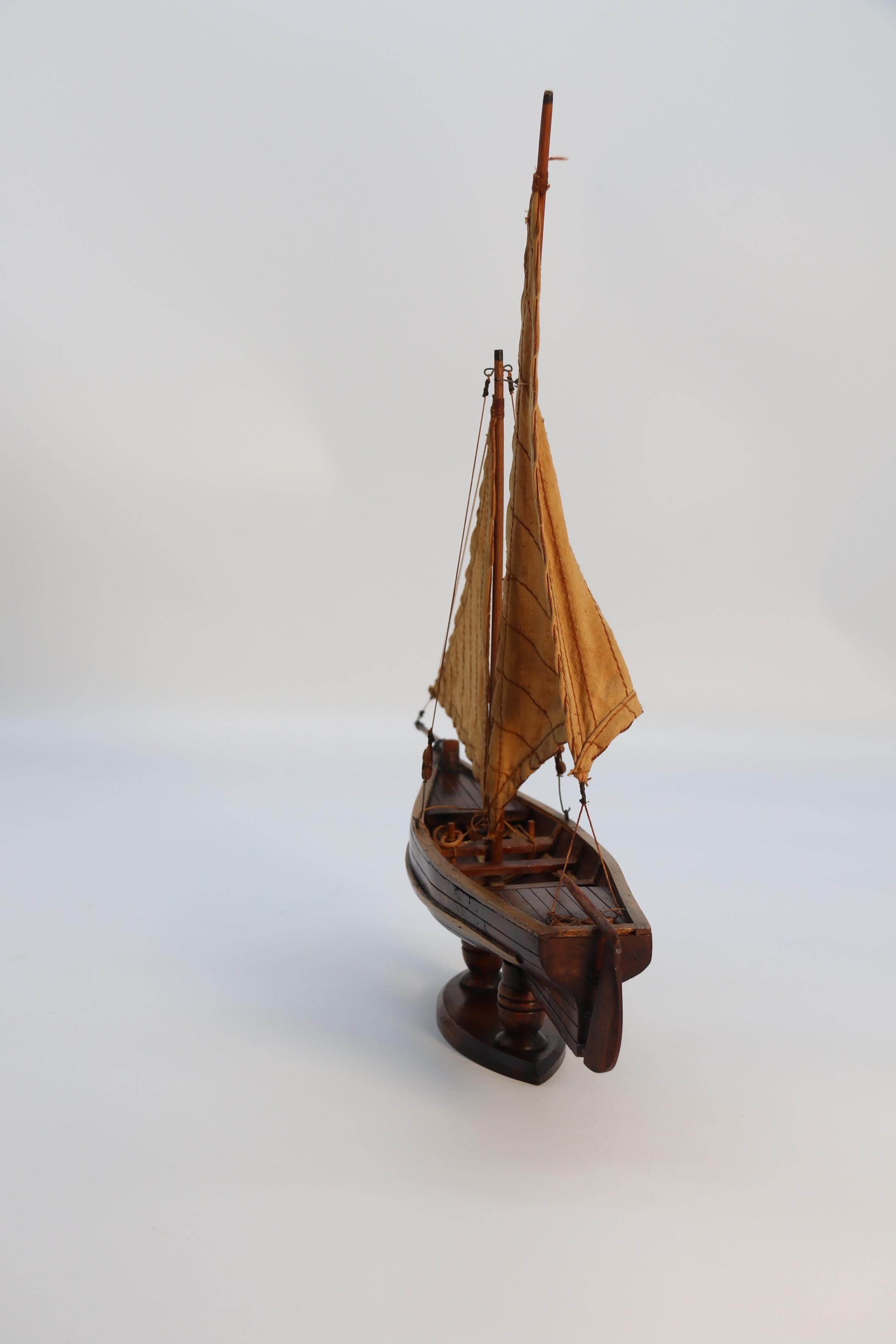 English handmade yew wood model of 19th century sailing boat, circa 1900 1