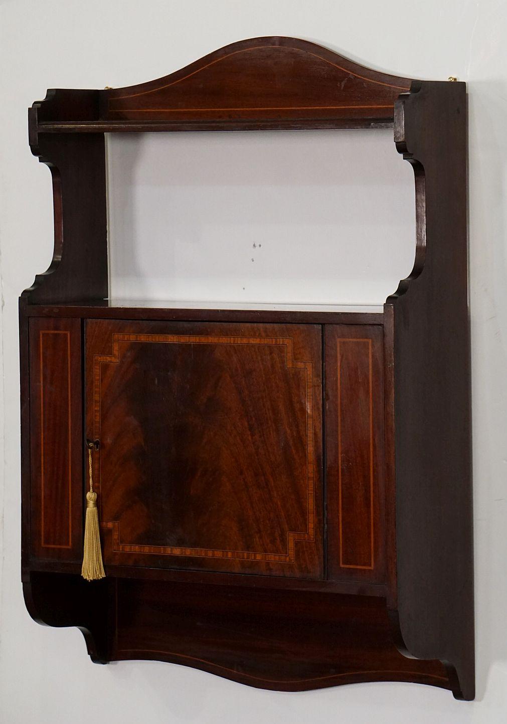 Metal English Hanging Shelf or Curio Cabinet of Inlaid Mahogany