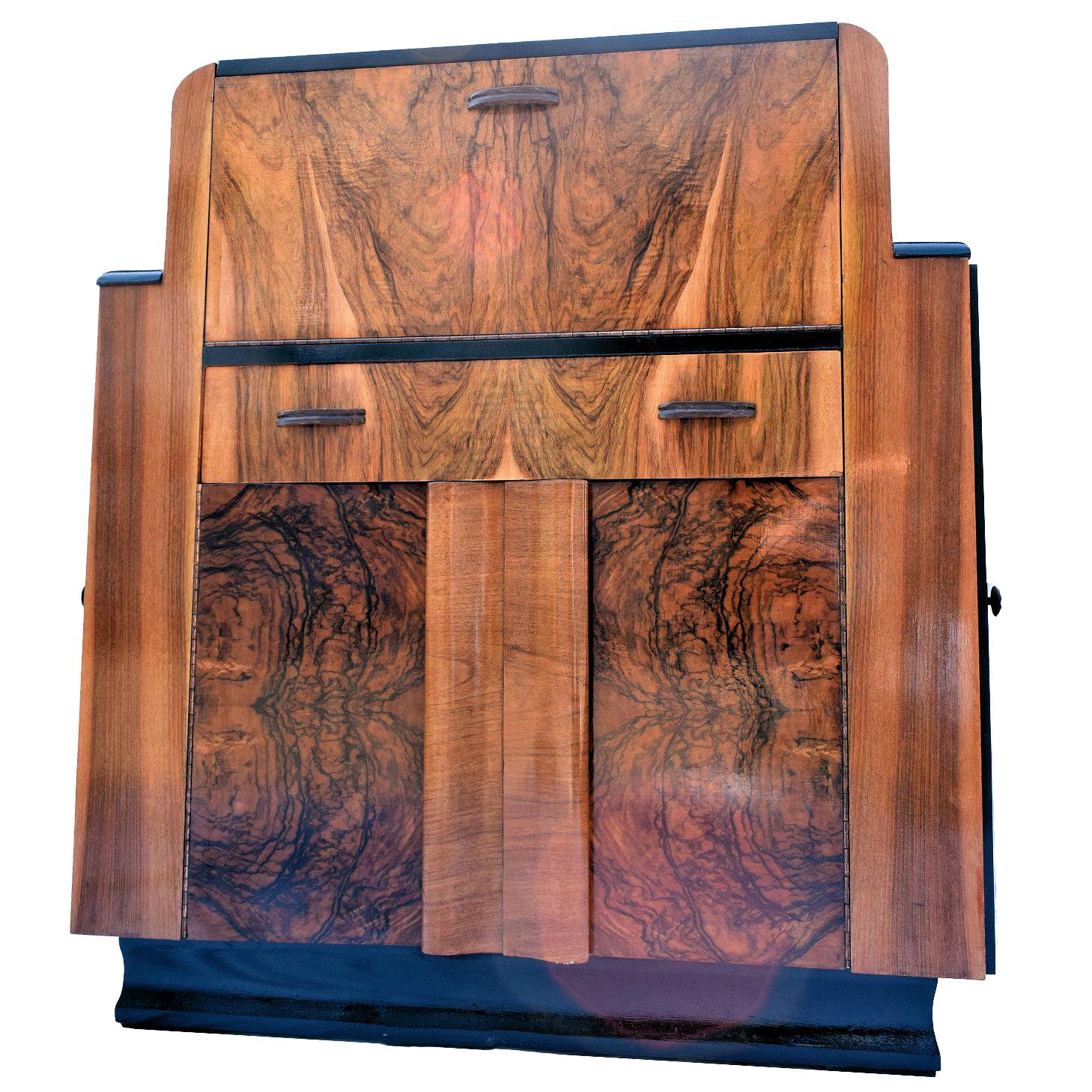 English Heavily Figured Walnut 1930s Art Deco Bureau