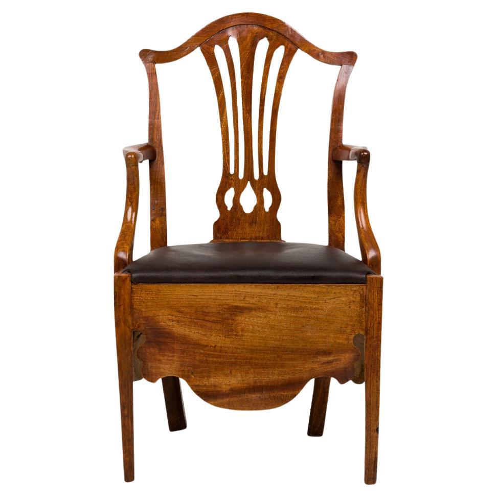 Sillón inglés Hepplewhite Elm Wood Leather Seat Commode