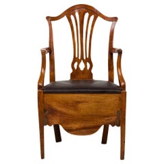English Hepplewhite Elm Wood Leather Seat Commode Armchair