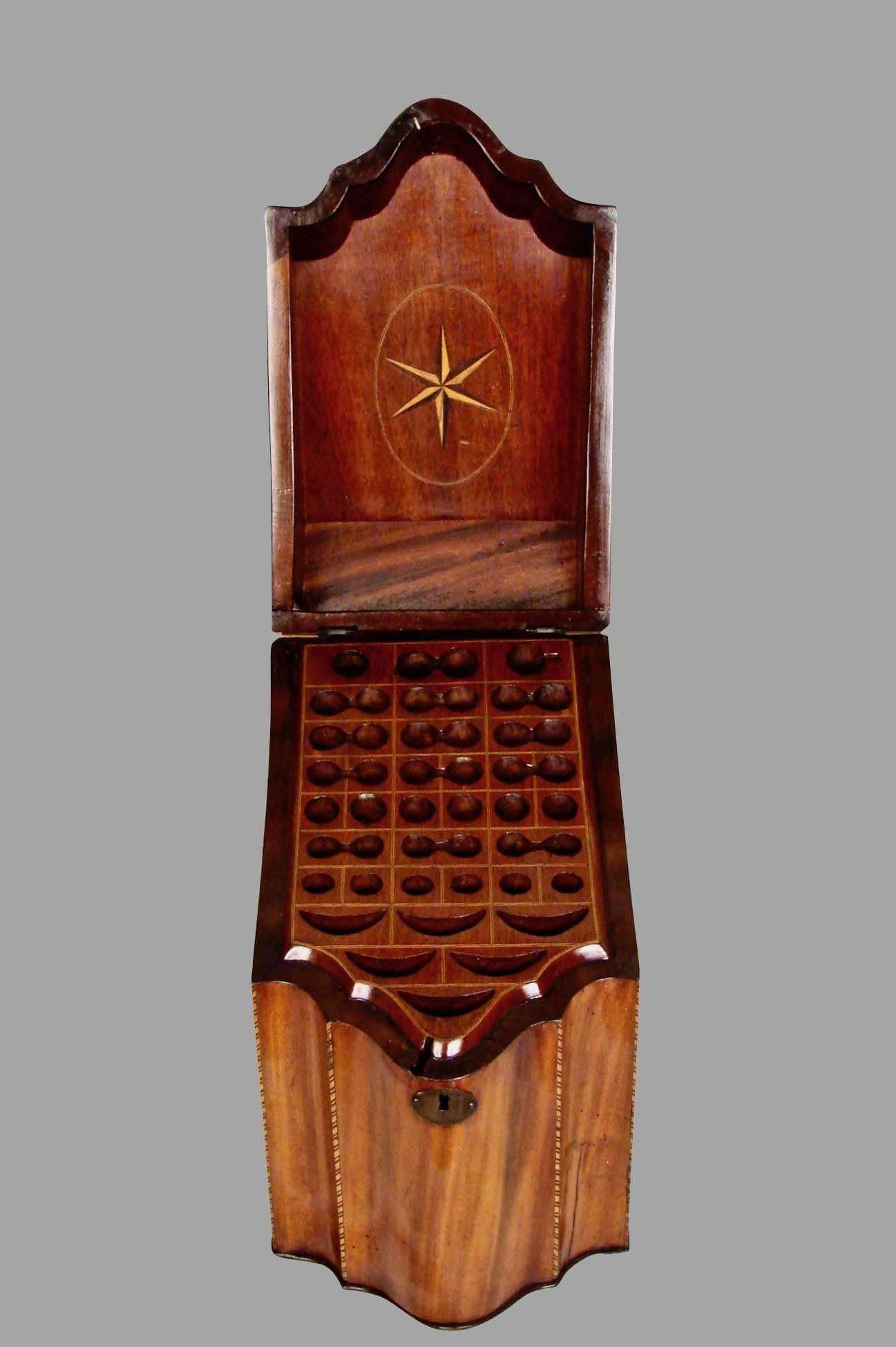 Late 18th Century English Hepplewhite Inlaid Mahogany Serpentine Slant Lid Cutlery Box