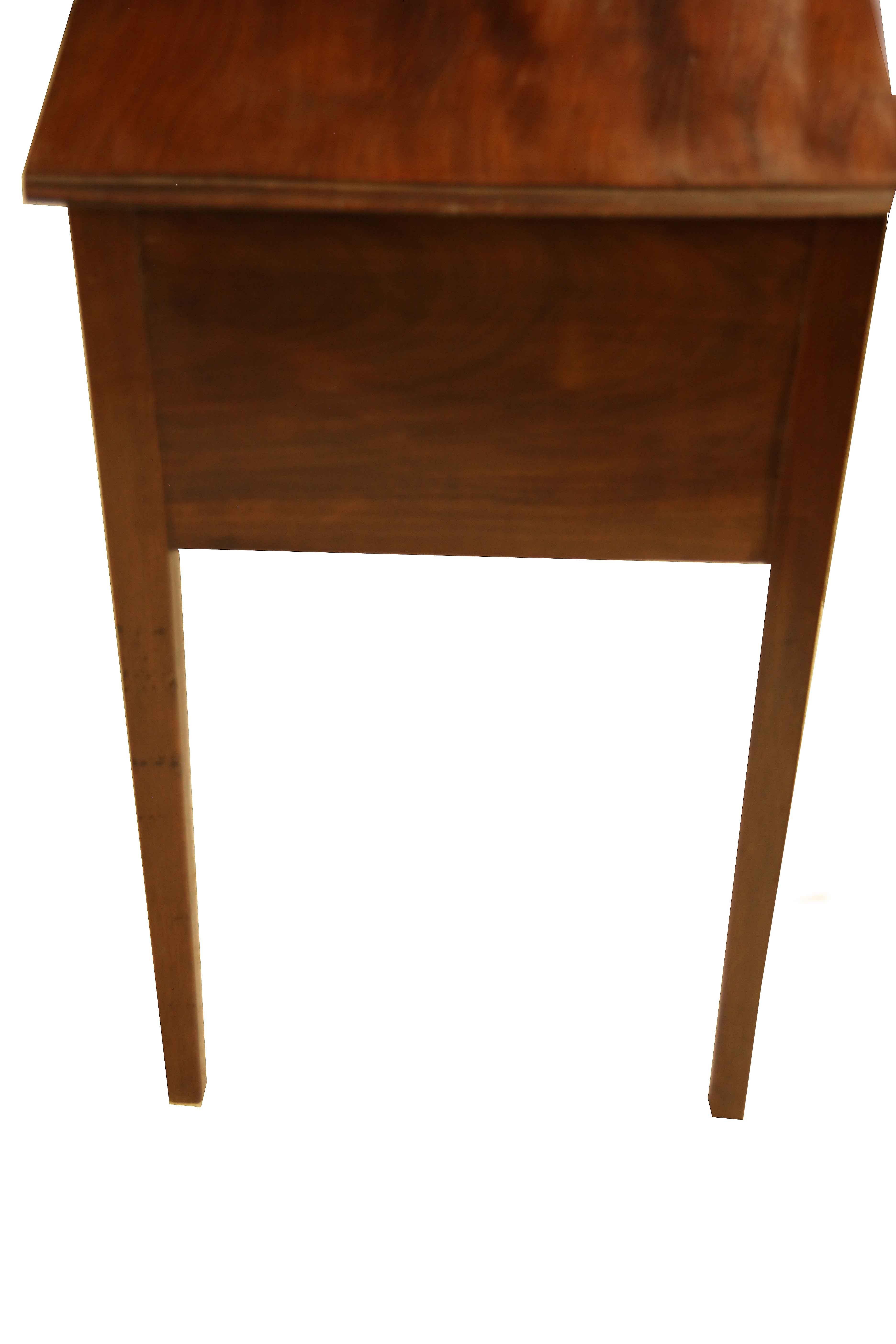 English Hepplewhite mahogany lowboy, the top has outstanding figured grain along with beautiful color and patina. The two small drawers over one long drawer have the original delicate ring pulls, oak secondary wood; tapered legs.