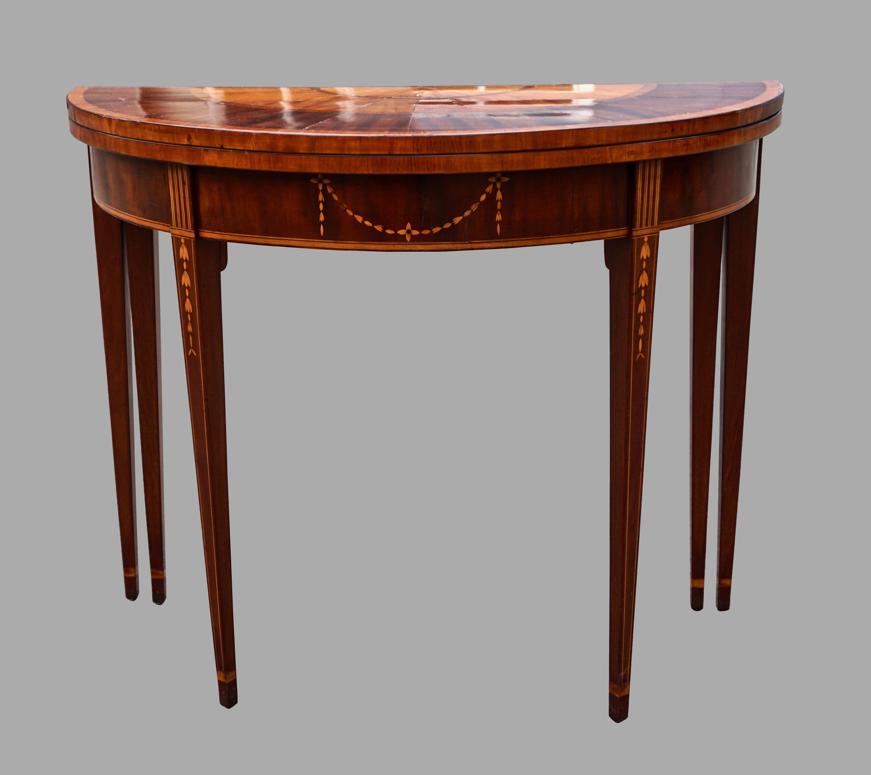 English Hepplewhite Mahogany Satinwood Inlaid Demilune Games Table In Good Condition In San Francisco, CA