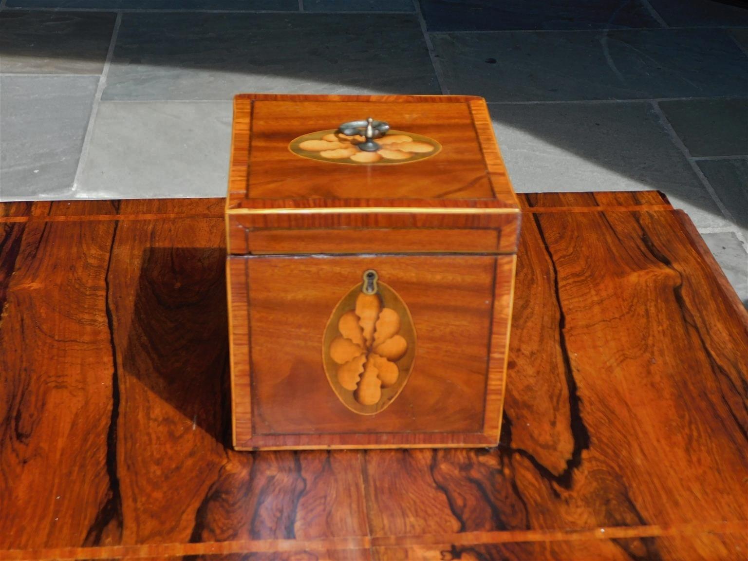 Hand-Carved English Hepplewhite Mahogany Satinwood Patera Inlaid Hinged Tea Caddy, C. 1780