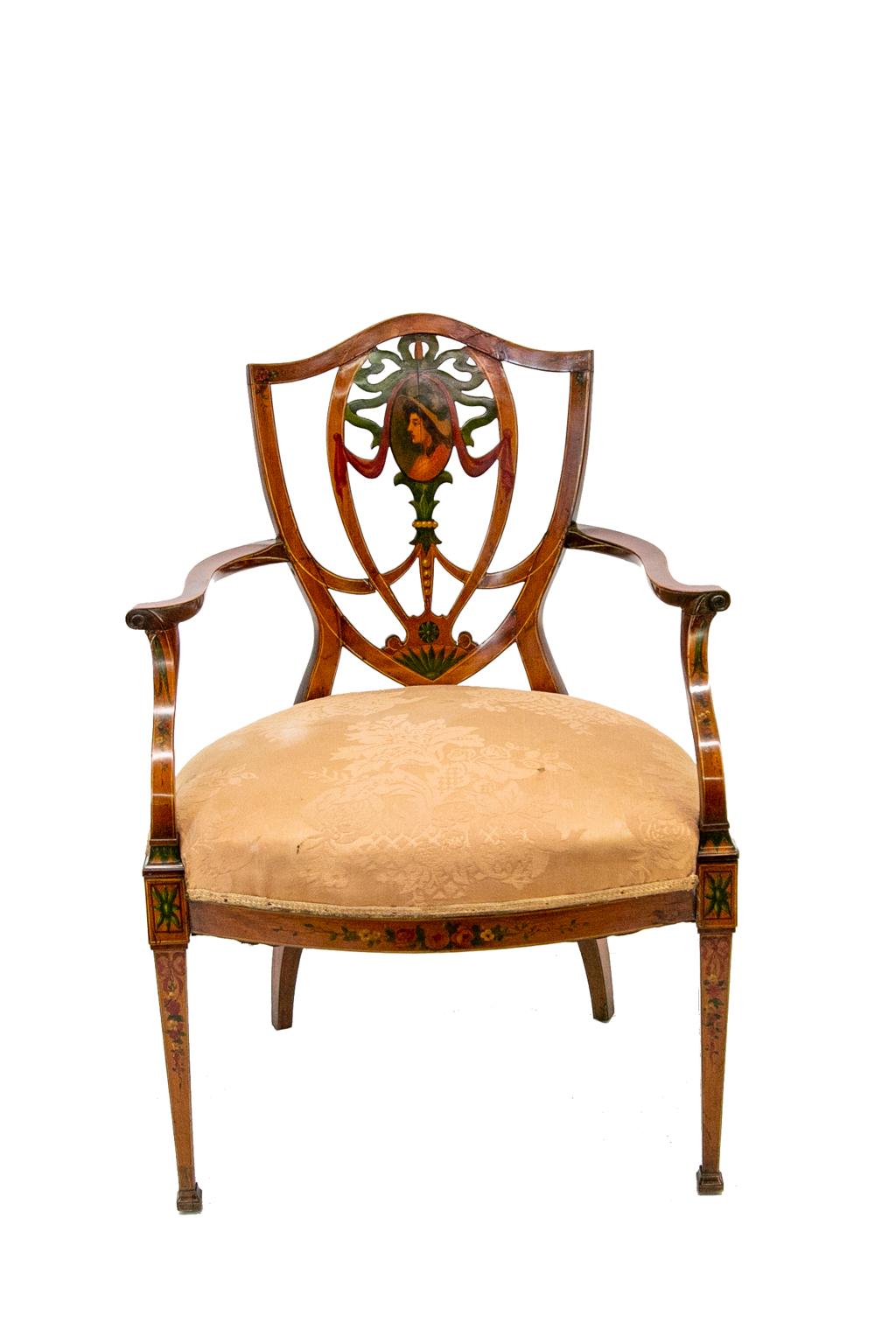 Chaise anglaise Hepplewhite en bois fruitier à dossier en forme de bouclier, avec une peinture florale classique sur l'ensemble du dossier, le splat avec des rubans, des guirlandes et un cartouche ovale représentant une dame.