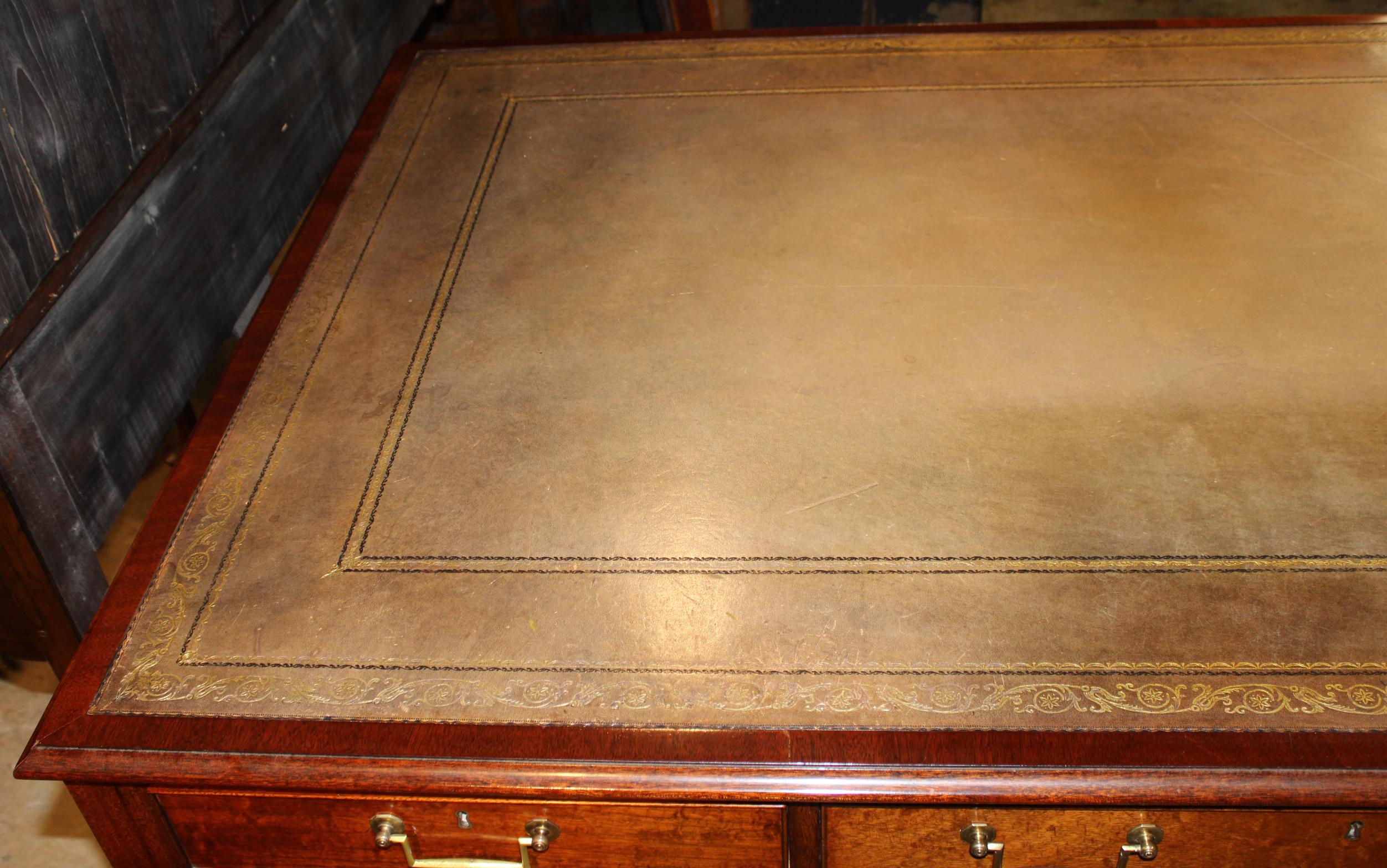Hand-Crafted English Hepplewhite Style Leather Top Mahogany Partners Desk by William Tillman