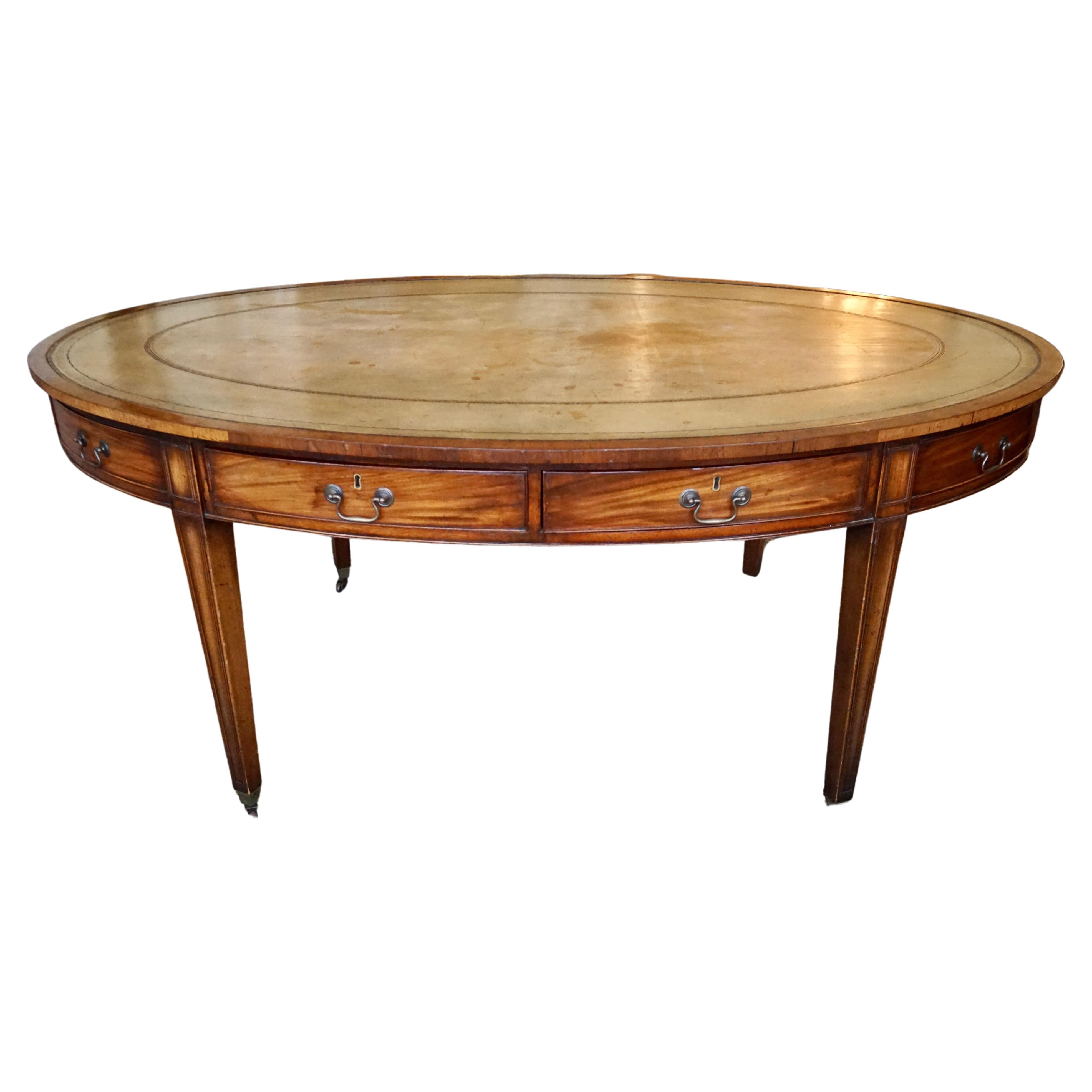 English Hepplewhite Style Mahogany Oval Writing Table with Leather Top For Sale