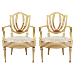 English Hepplewhite Style Paint Decorated Shield Back Armchairs