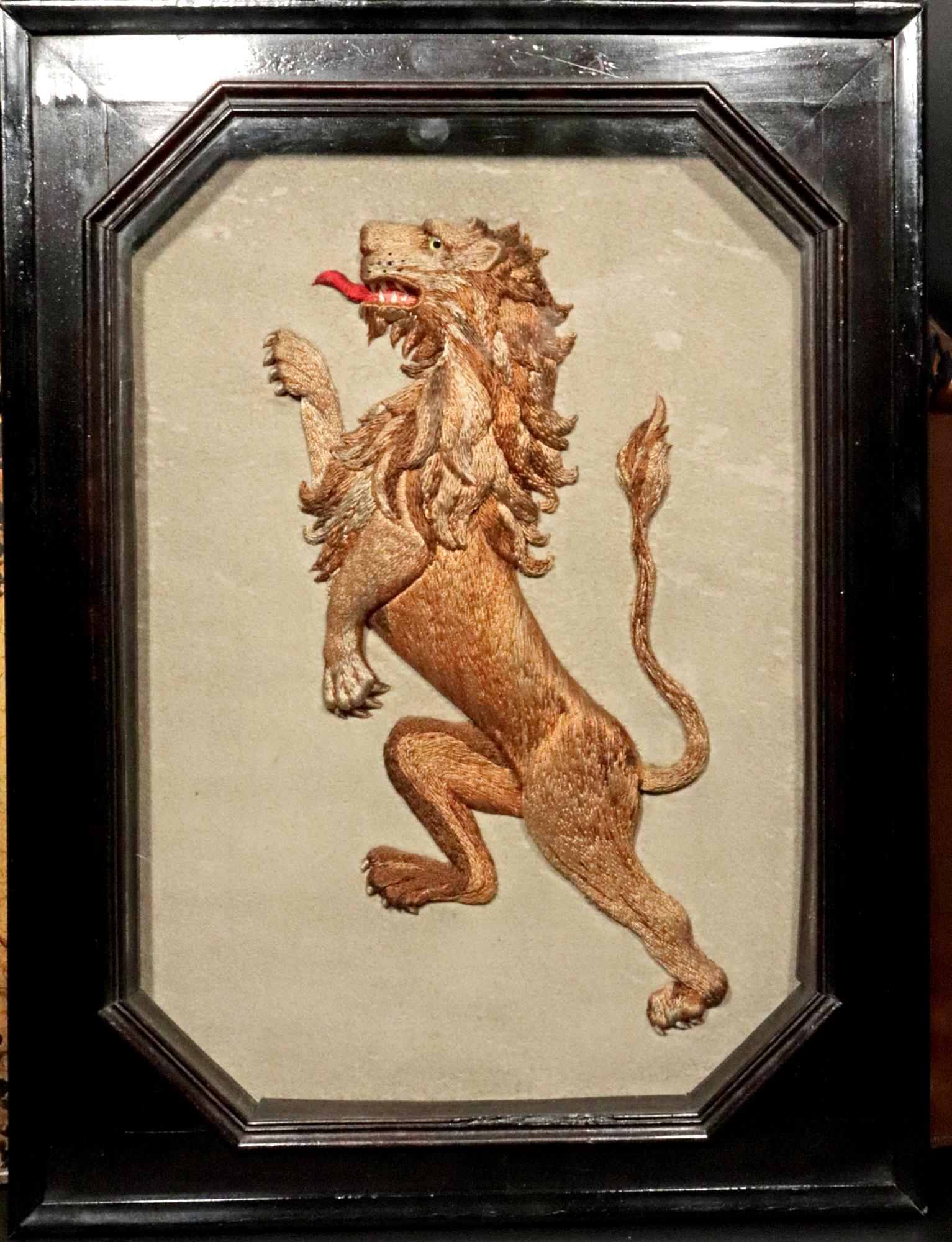 English Heraldic Embroidered Silkwork Picture of a Rampant Lion, 
Circa 1830

This attractive silkwork picture, dating from approximately 1830, presents a beautifully rendered rampant lion, a classic heraldic symbol.  The rectangular composition