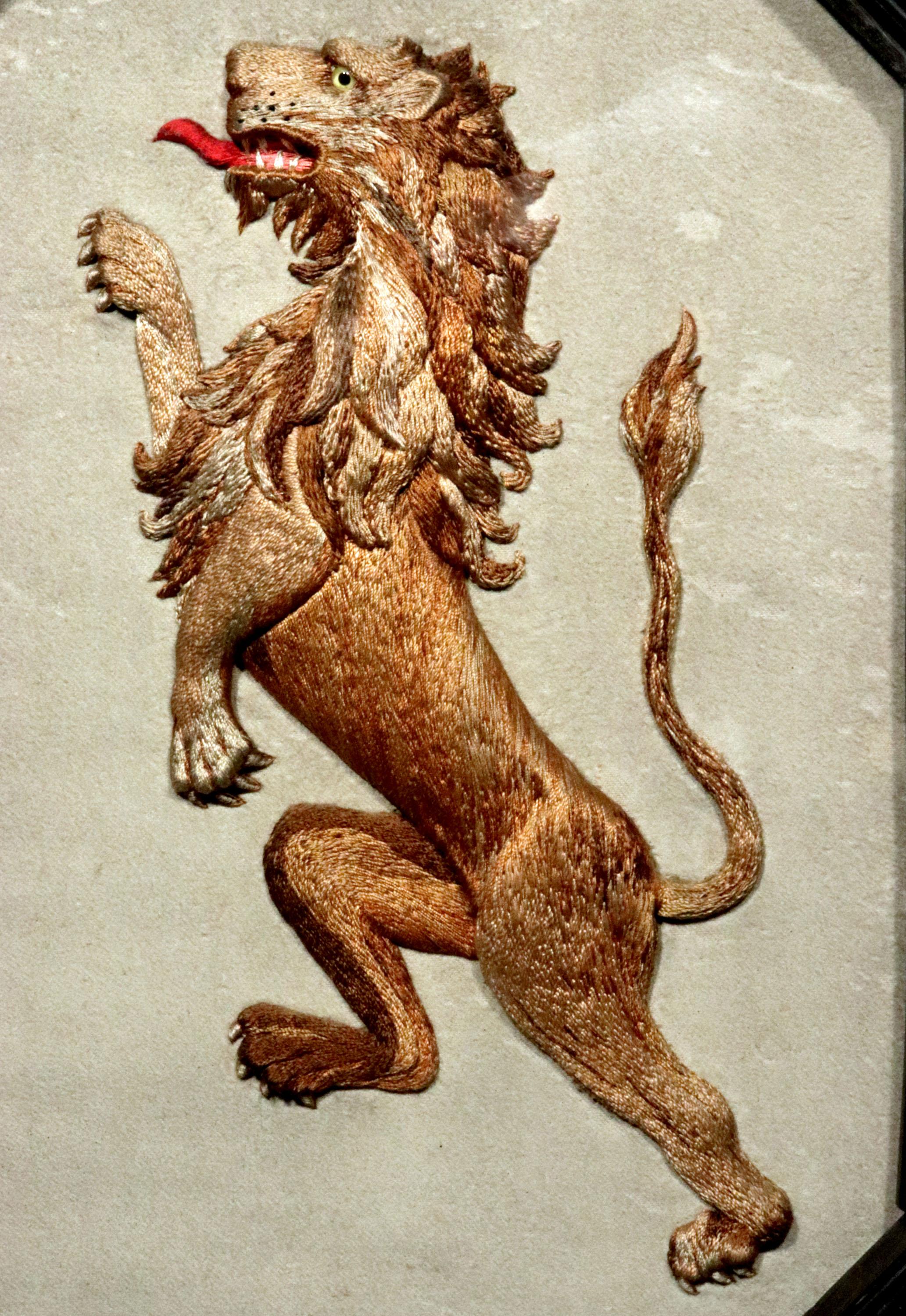 Georgian English Heraldic Embroidered Silkwork Picture of a Rampant Lion,  Circa 1830