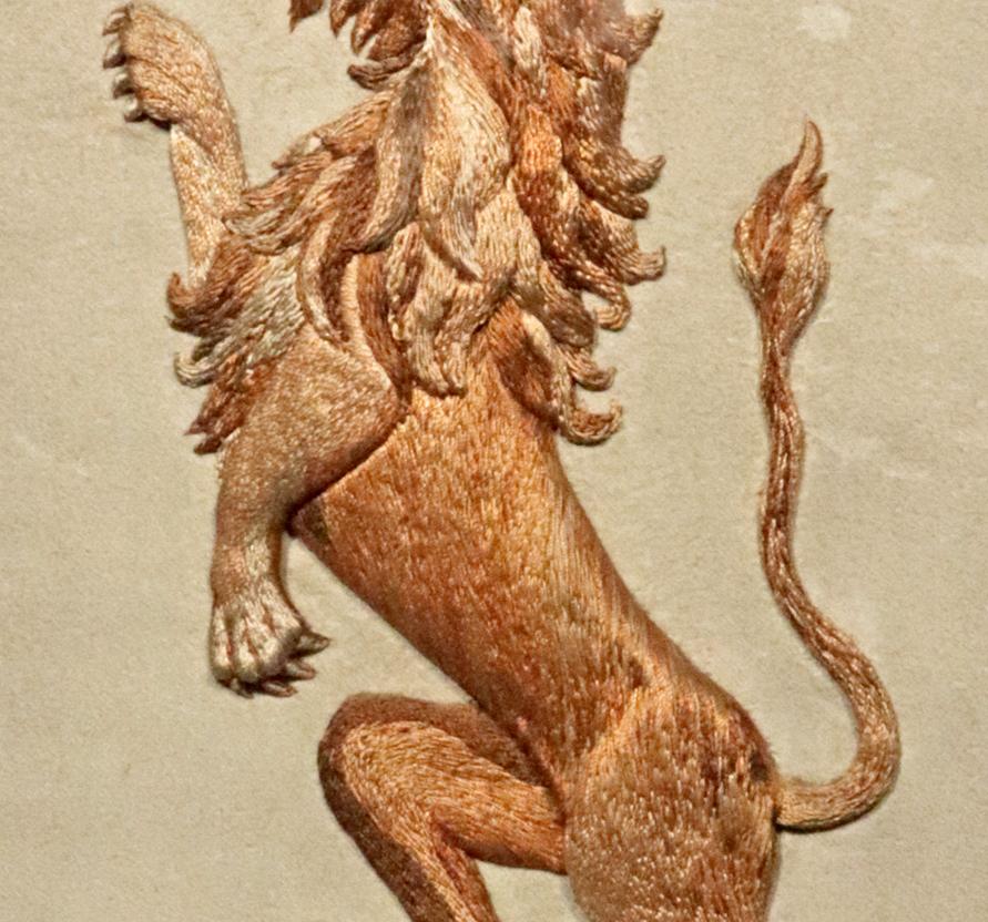 English Heraldic Embroidered Silkwork Picture of a Rampant Lion,  Circa 1830 In Good Condition In Downingtown, PA
