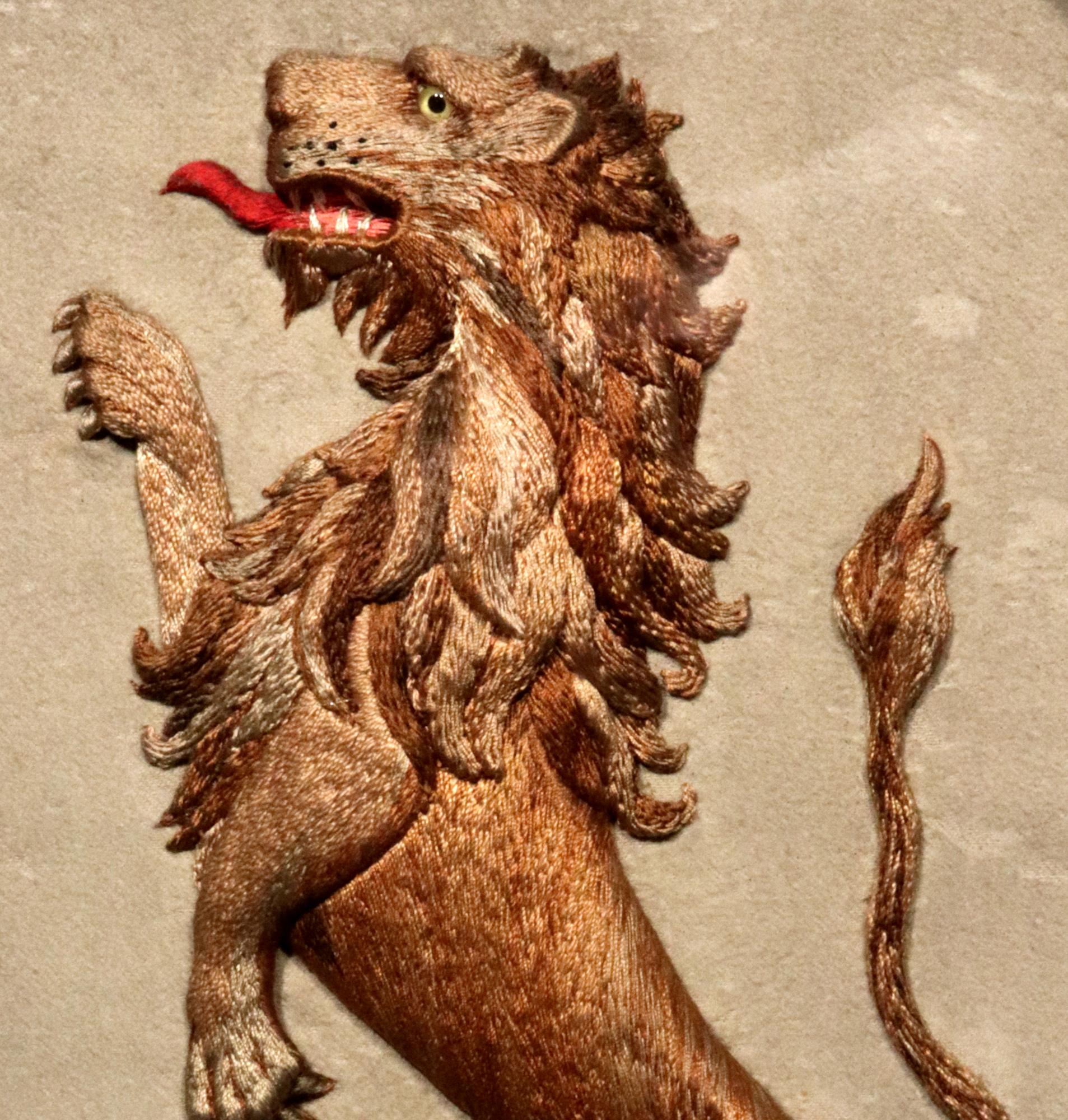 Mid-19th Century English Heraldic Embroidered Silkwork Picture of a Rampant Lion,  Circa 1830