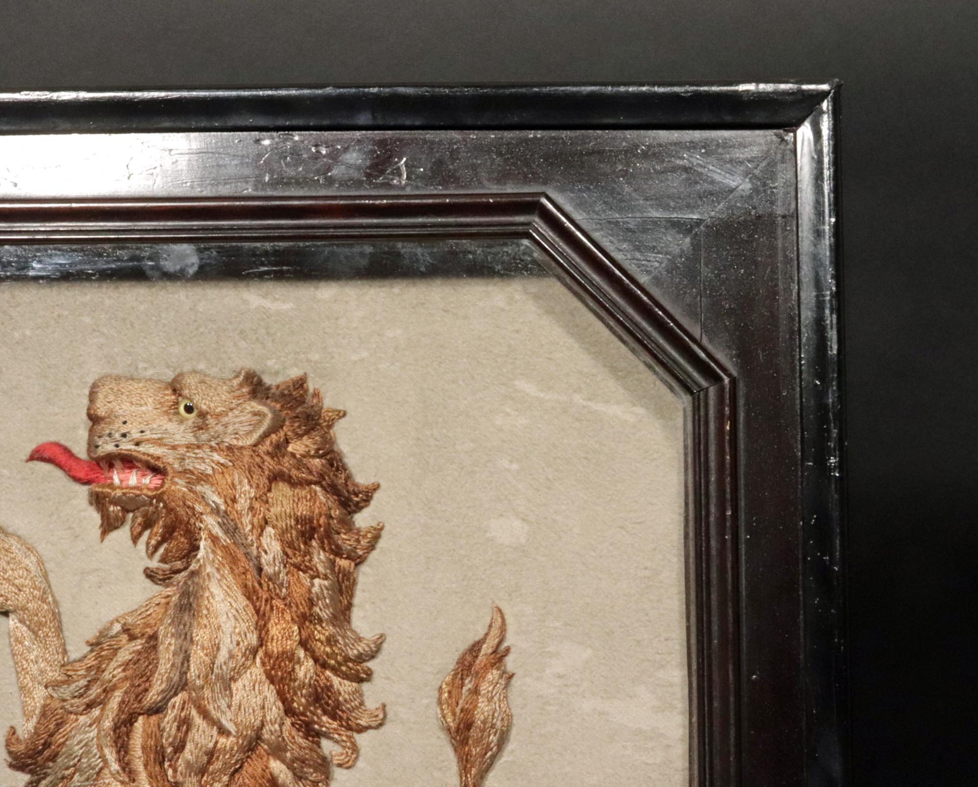 English Heraldic Embroidered Silkwork Picture of a Rampant Lion,  Circa 1830 1