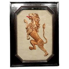 Antique English Heraldic Embroidered Silkwork Picture of a Rampant Lion,  Circa 1830