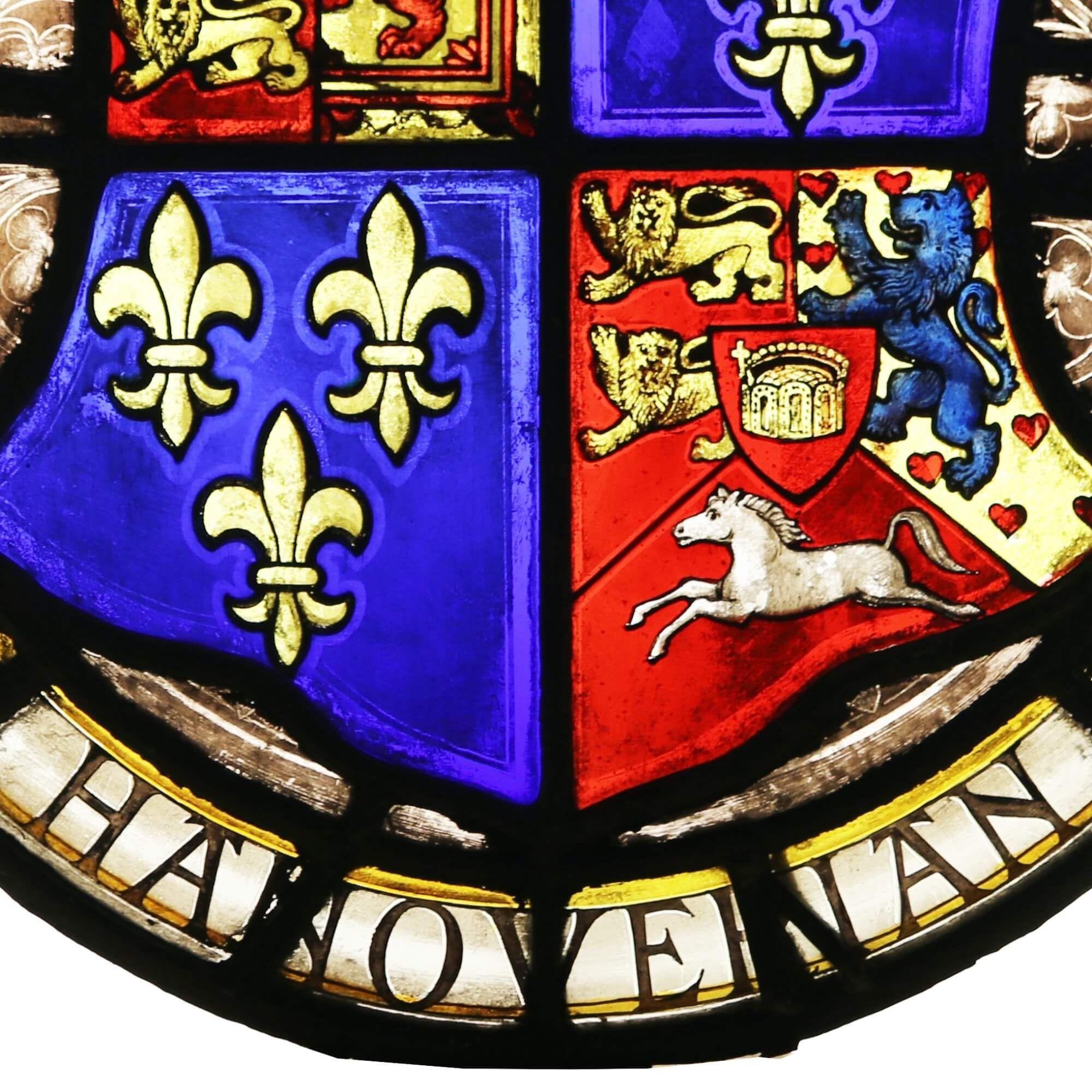 A late 19th century heraldic leaded stained glass roundel depicting the Hanoverian family coat of arms, circa 1880.

The House of Hanover has existed for over 300 years and forms a substantial part of British royal history. From 1714 to 1901, the