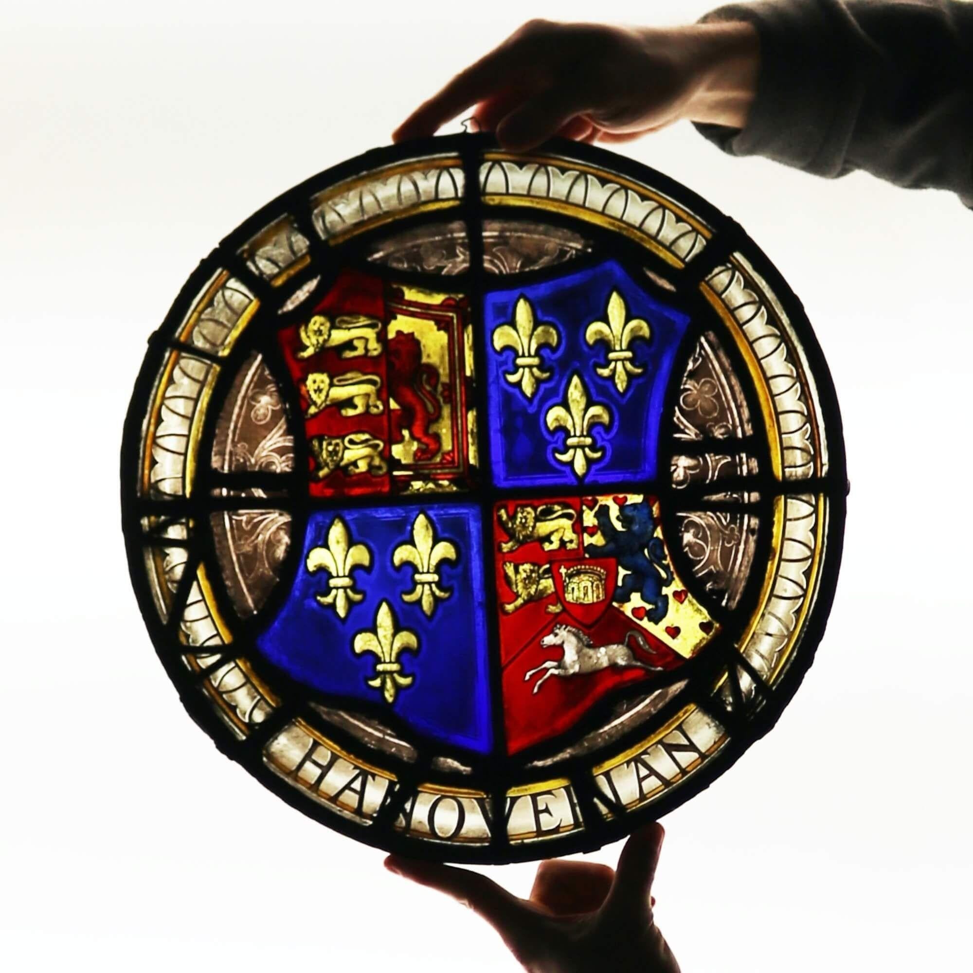 English Heraldic Leaded Glass Hanoverian Coat of Arms In Fair Condition In Wormelow, Herefordshire