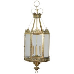 English Hexagonal Neoclassical Brass Hanging Lantern, Early 19th Century Antique English Hexagonal Neoclassical Brass Hanging Lantern, Early 19th Century