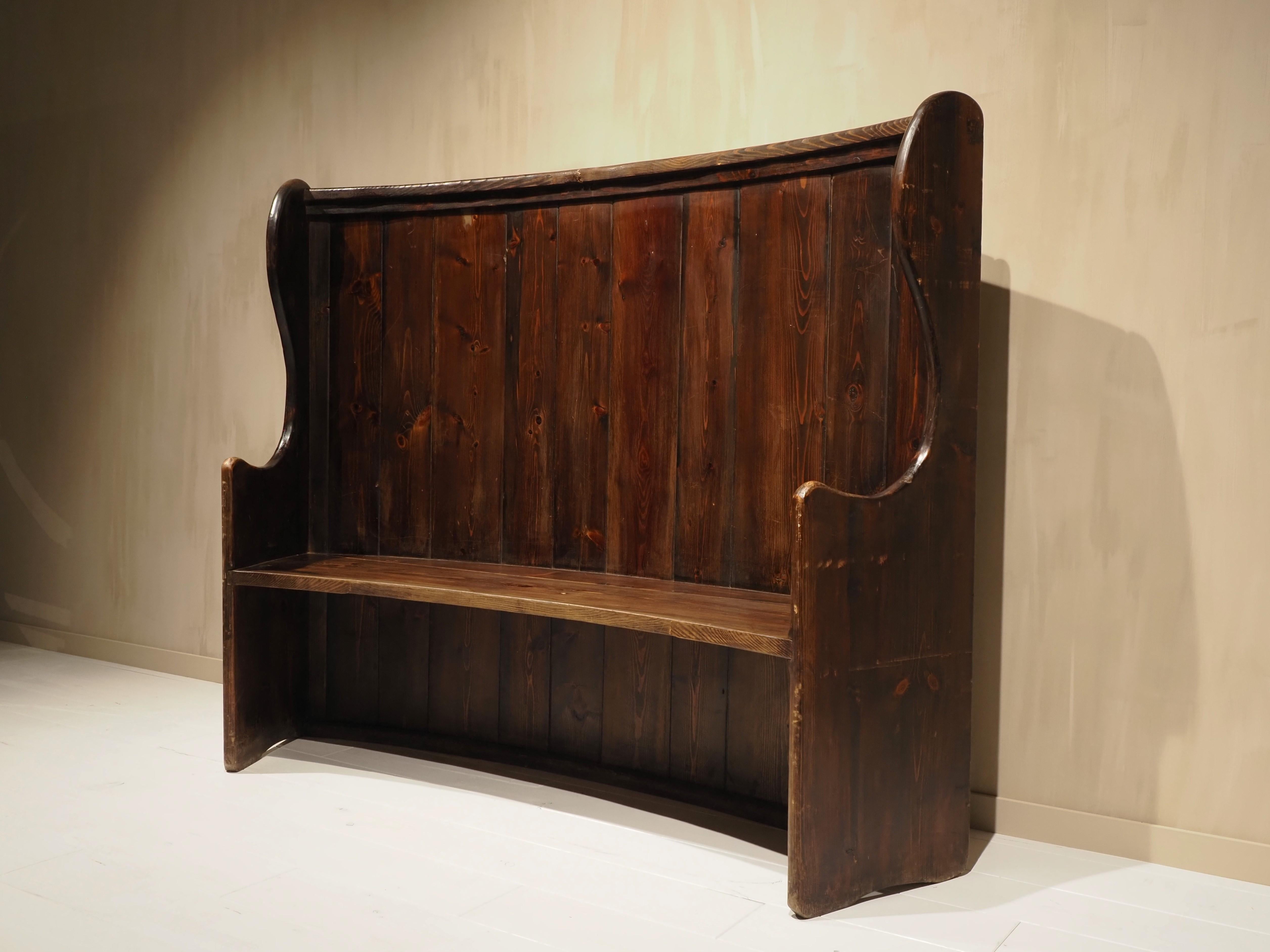 Pine English high back curved pub settle bench