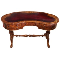 Antique English High Victorian Inlaid Burl Walnut Kidney Desk, circa 1865