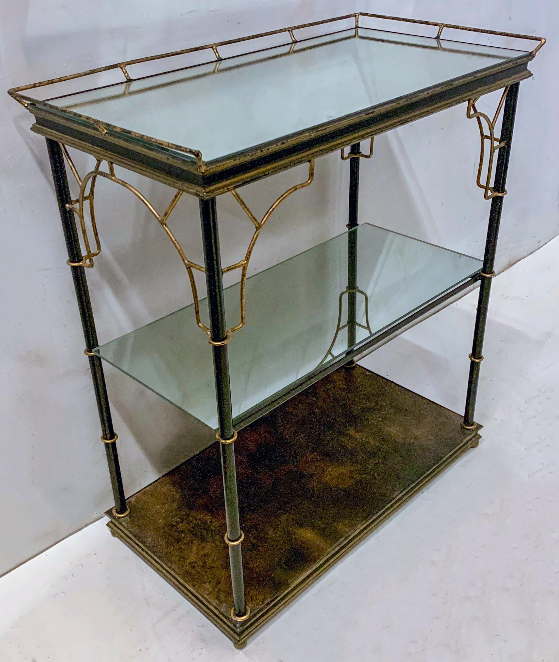 20th Century English Hollywood Regency Style Tole Faux Bamboo Mirrored Bar / Etagere/ Shelf 