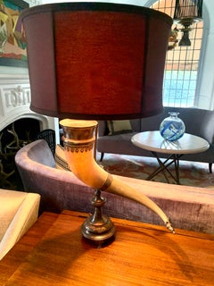 English Horn Table Lamp with Silver Plate Base and Fixture