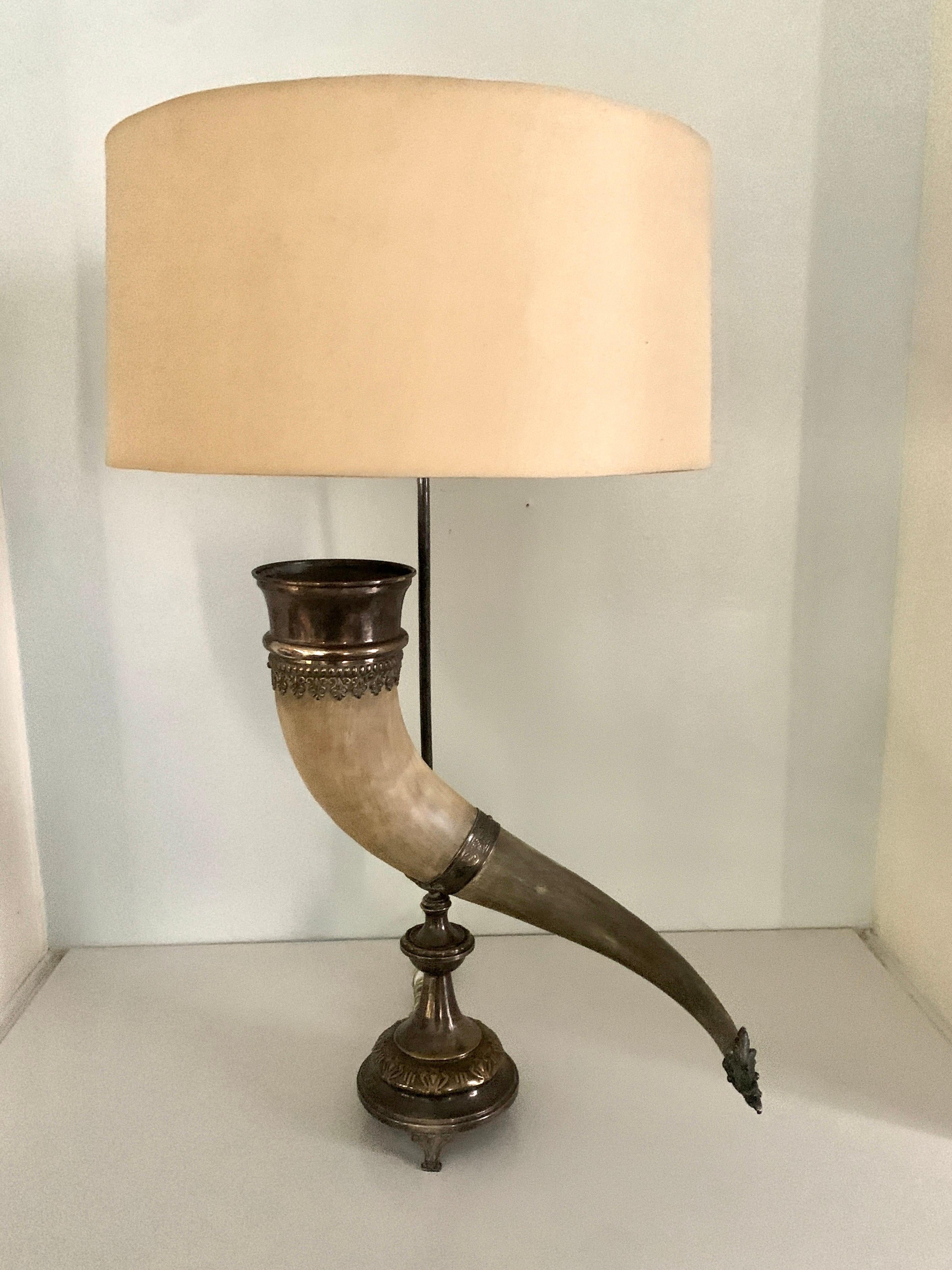 Lampe de bureau en corne anglaise avec base et fixation en métal argenté en vente 1