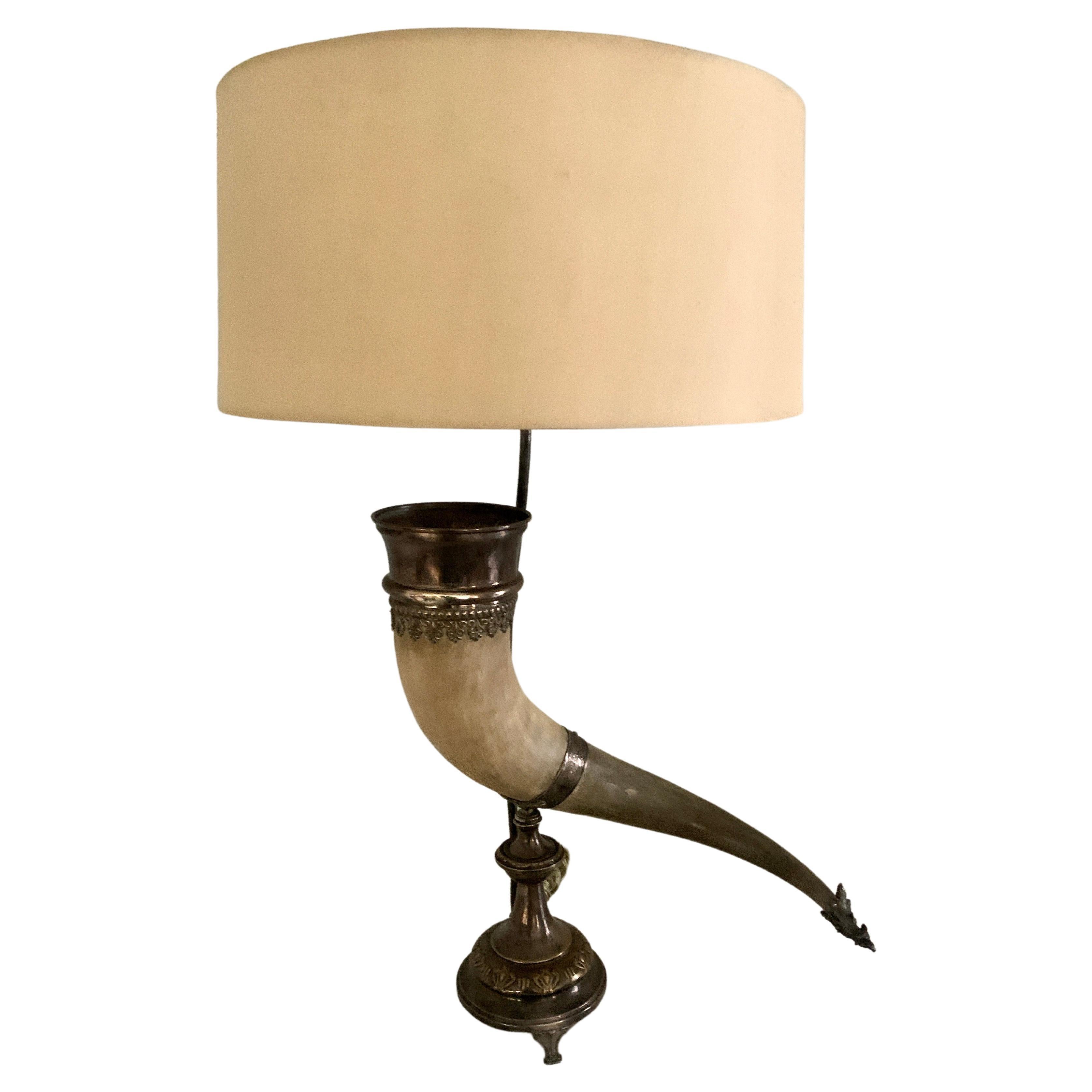 English Horn Table Lamp with Silver Plate Base and Fixture