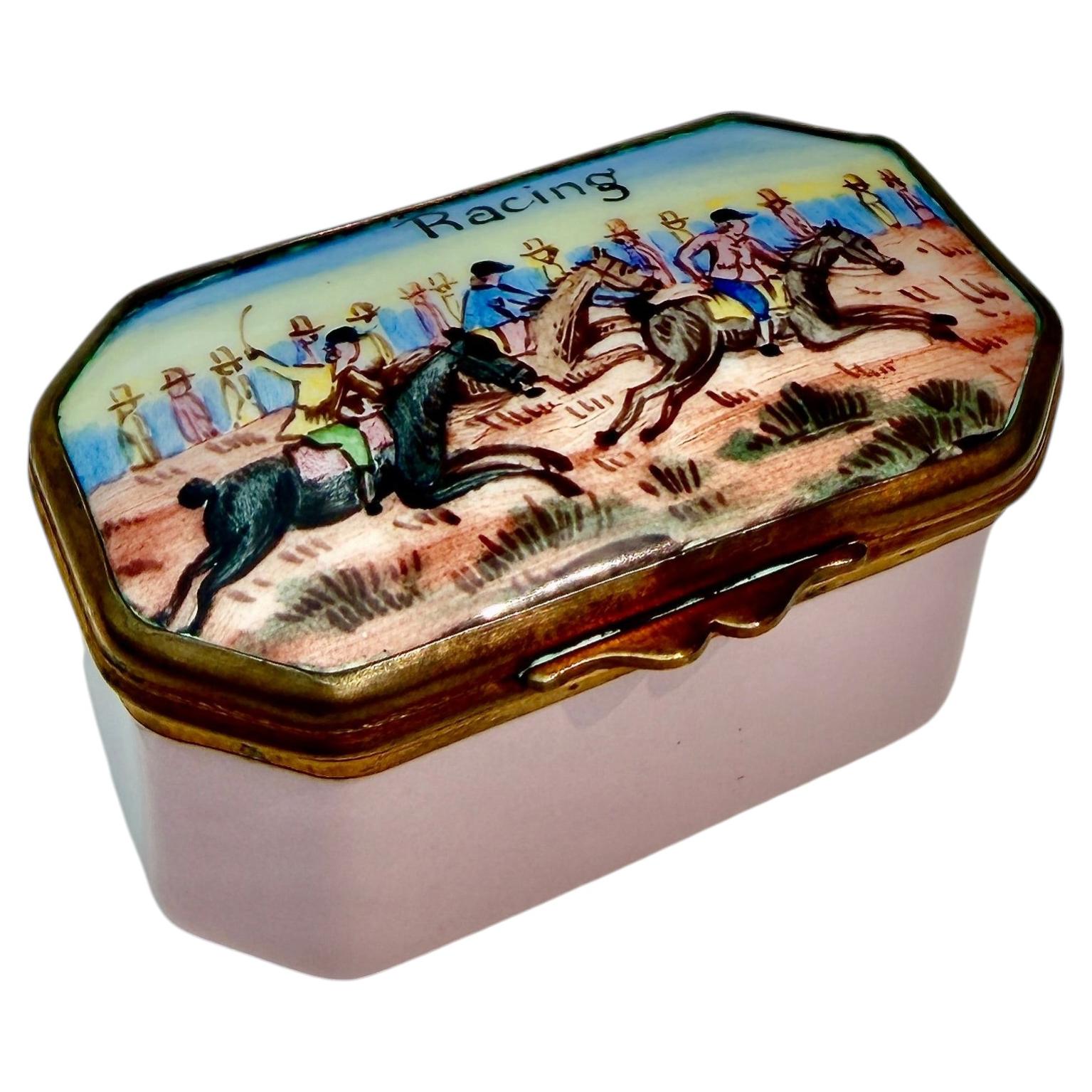 English Horse Racing Enamel Trinket Box Early 19th Century For Sale
