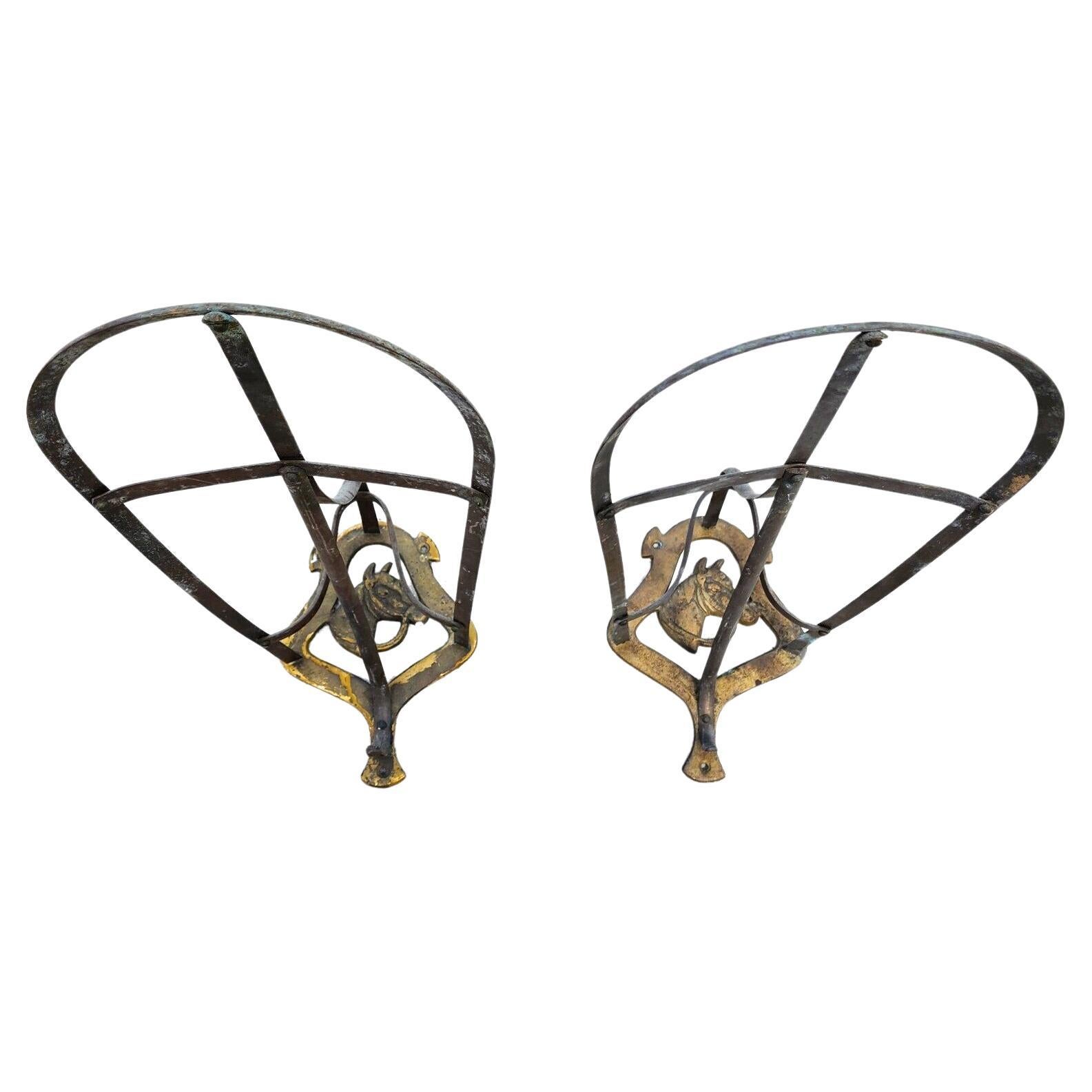 English Horse Saddle Wall Rack Solid Brass Vintage Pair For Sale