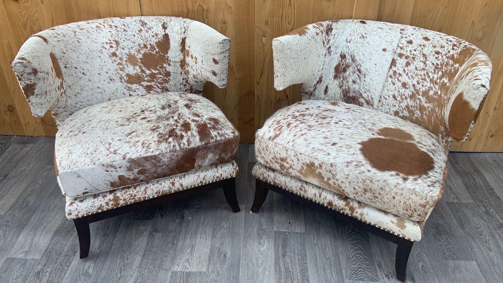 Mid-Century Modern English Horseshoe Savoy Chairs Newly Upholstered in Brazilian Cowhide - Set of 2