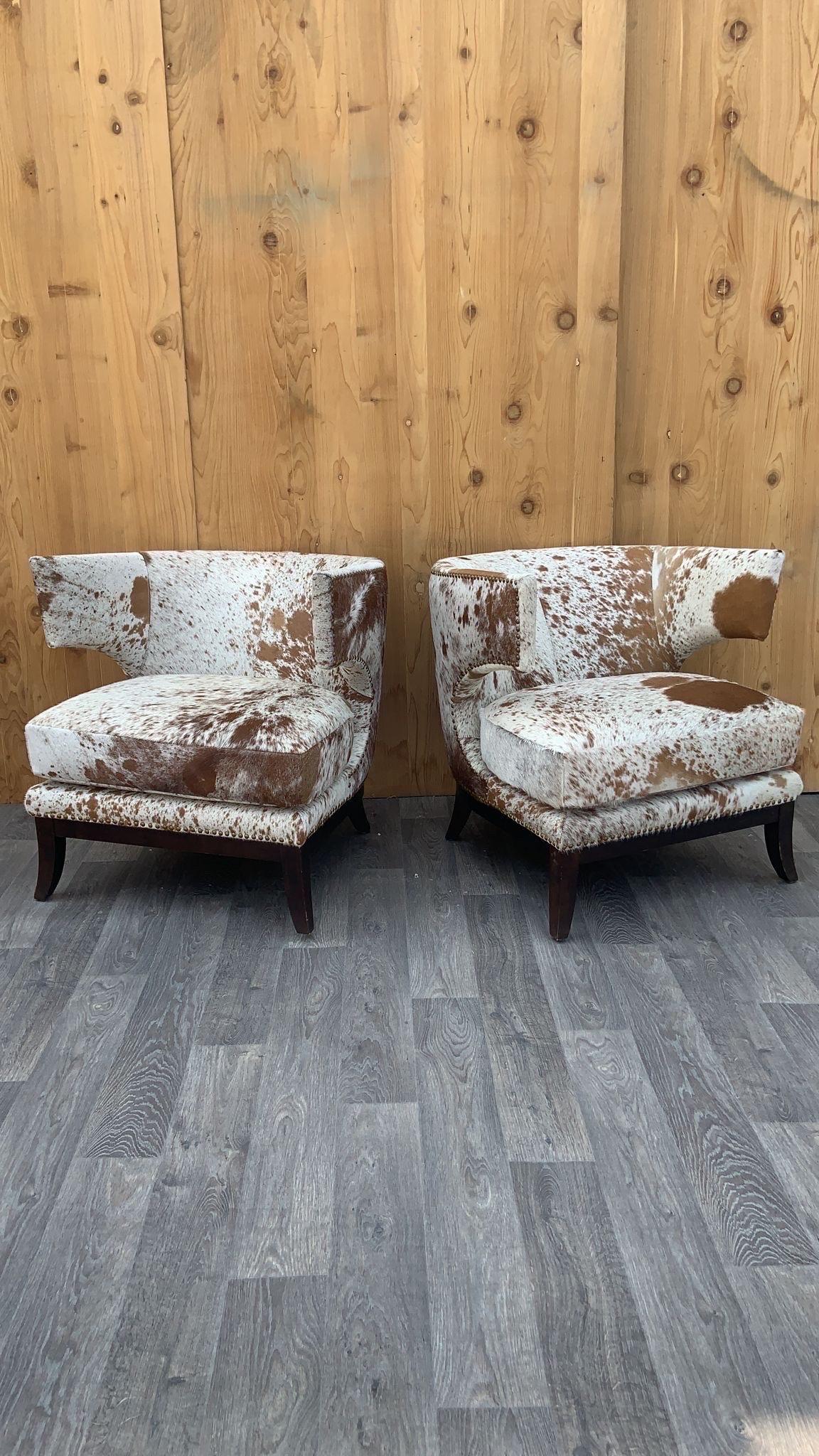 American English Horseshoe Savoy Chairs Newly Upholstered in Brazilian Cowhide - Set of 2