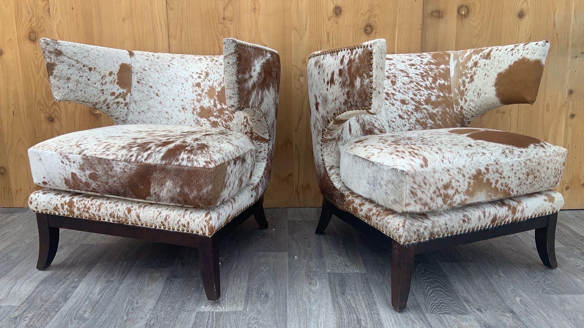 Hand-Crafted English Horseshoe Savoy Chairs Newly Upholstered in Brazilian Cowhide - Set of 2
