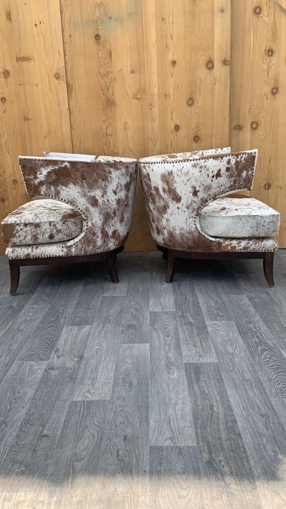 English Horseshoe Savoy Chairs Newly Upholstered in Brazilian Cowhide - Set of 2 In Good Condition In Chicago, IL