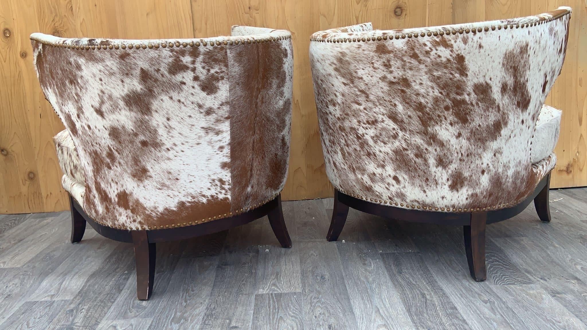 Brass English Horseshoe Savoy Chairs Newly Upholstered in Brazilian Cowhide - Set of 2
