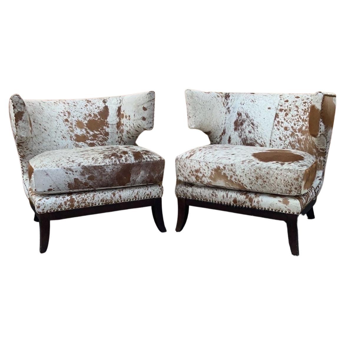 English Horseshoe Savoy Chairs Newly Upholstered in Brazilian Cowhide - Set of 2