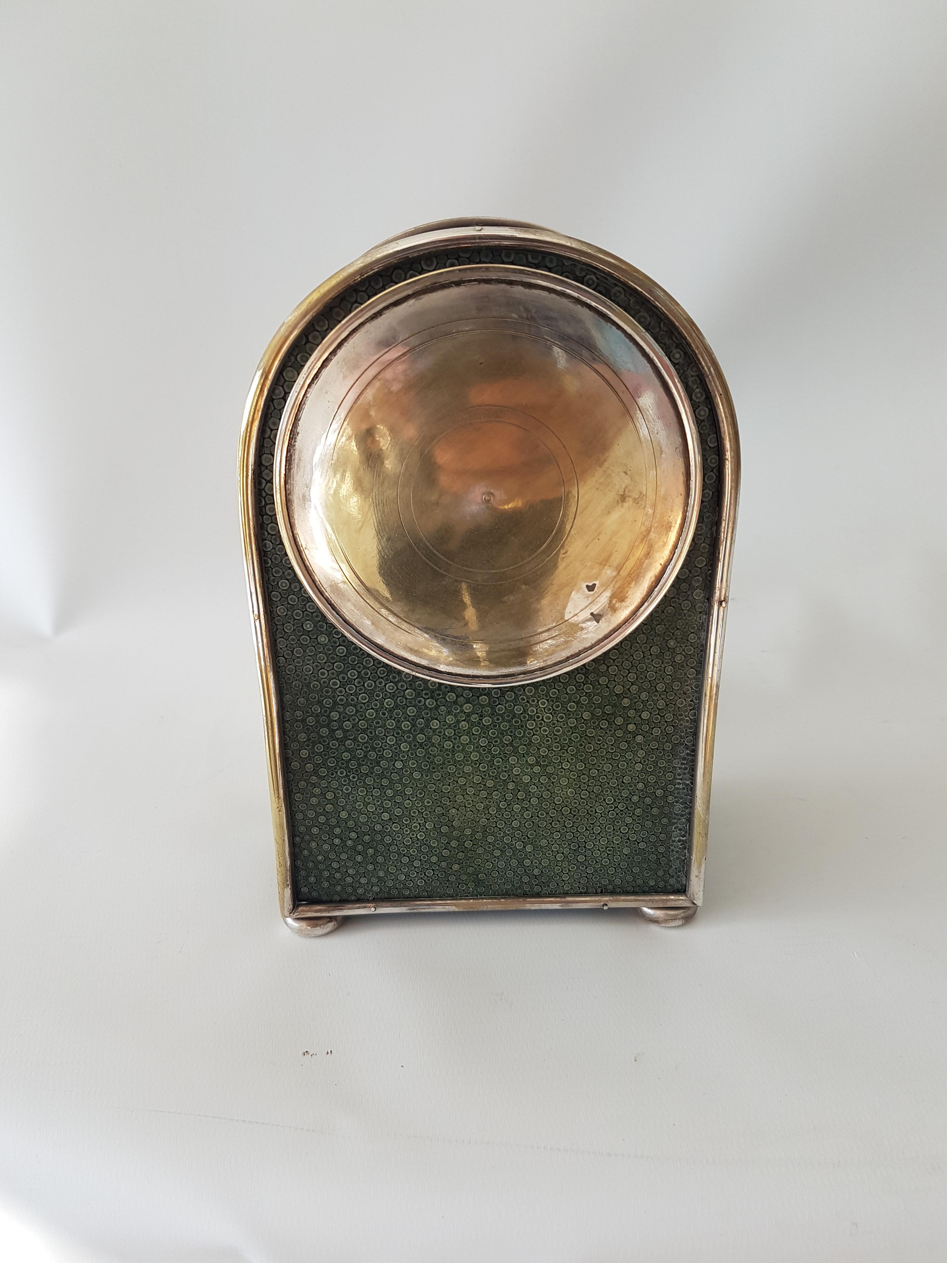 Late 19th Century English Hump Backed Shagreen and Silvered Metal Mantel Clock Probably by Jump