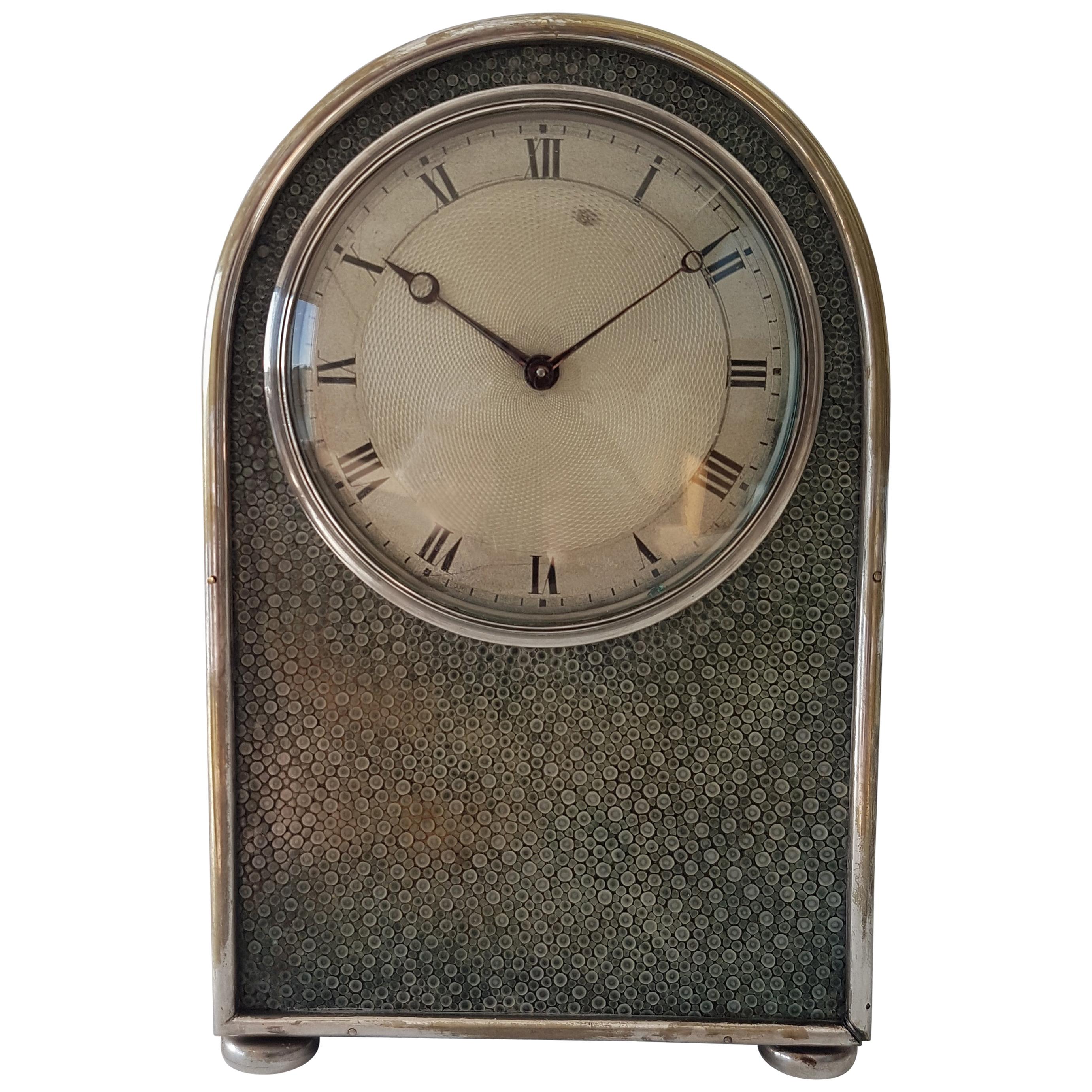 English Hump Backed Shagreen and Silvered Metal Mantel Clock Probably by Jump 