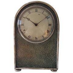 Antique English Hump Backed Shagreen and Silvered Metal Mantel Clock Probably by Jump 