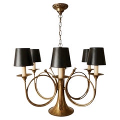 English Hunt Equestrian Style French Brass Horn Chandelier Att. Chapman - 6 Arm