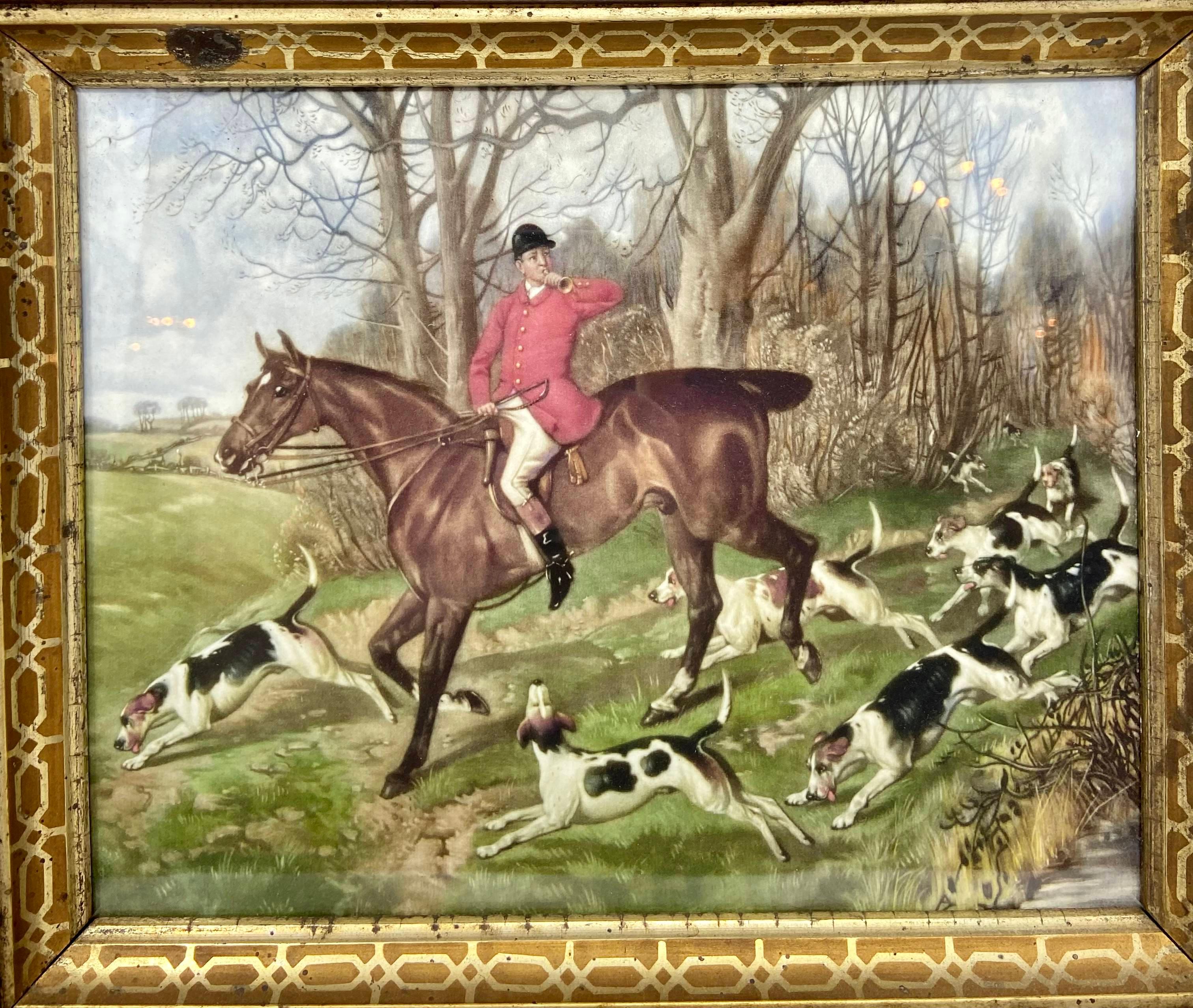 English Hunt lithograph in antique frame.