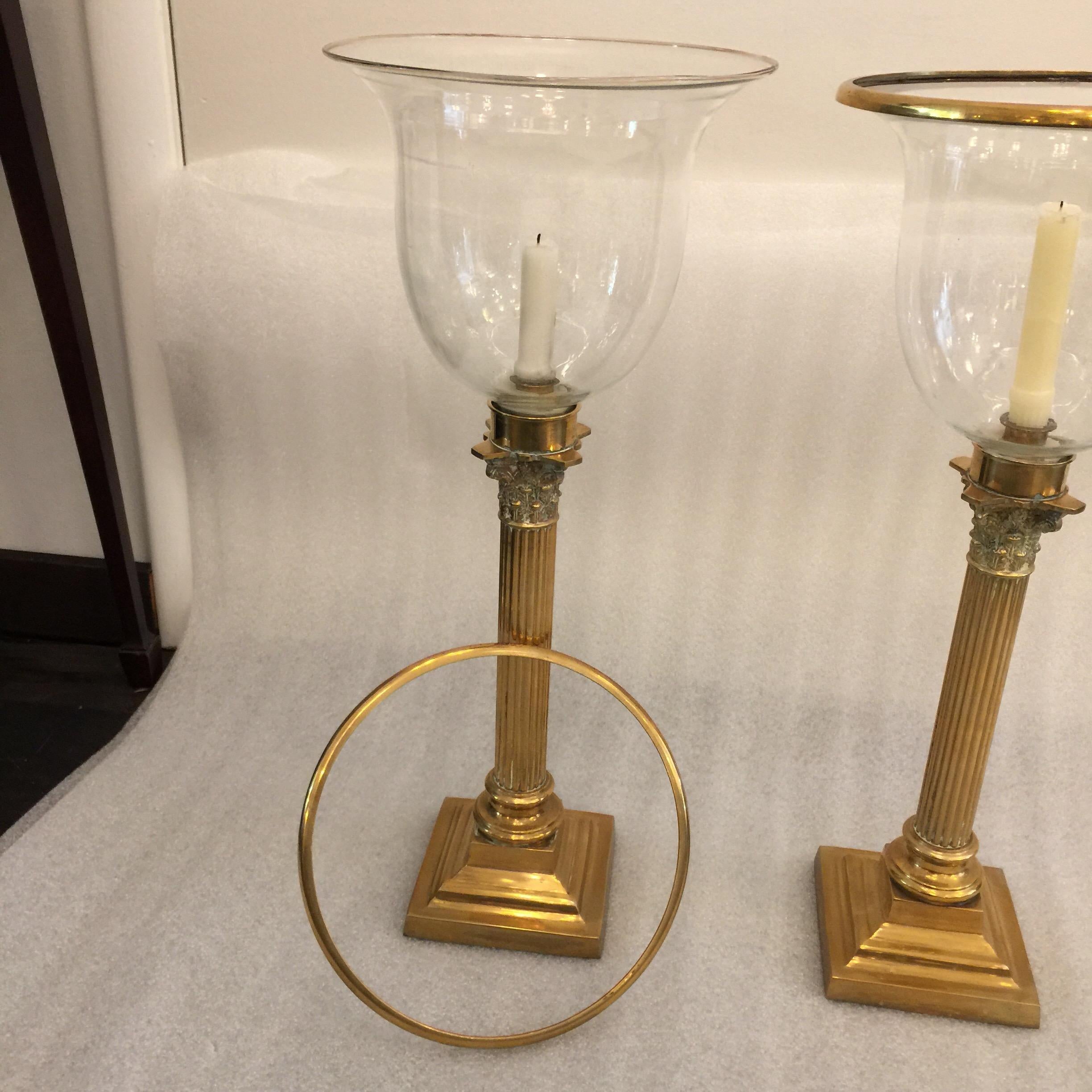 English Hurricane Lanterns with Corinthian Column Brass Stands, Pair In Good Condition In East Hampton, NY