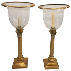 Retro English Hurricane Lanterns with Corinthian Column Brass Stands, Pair