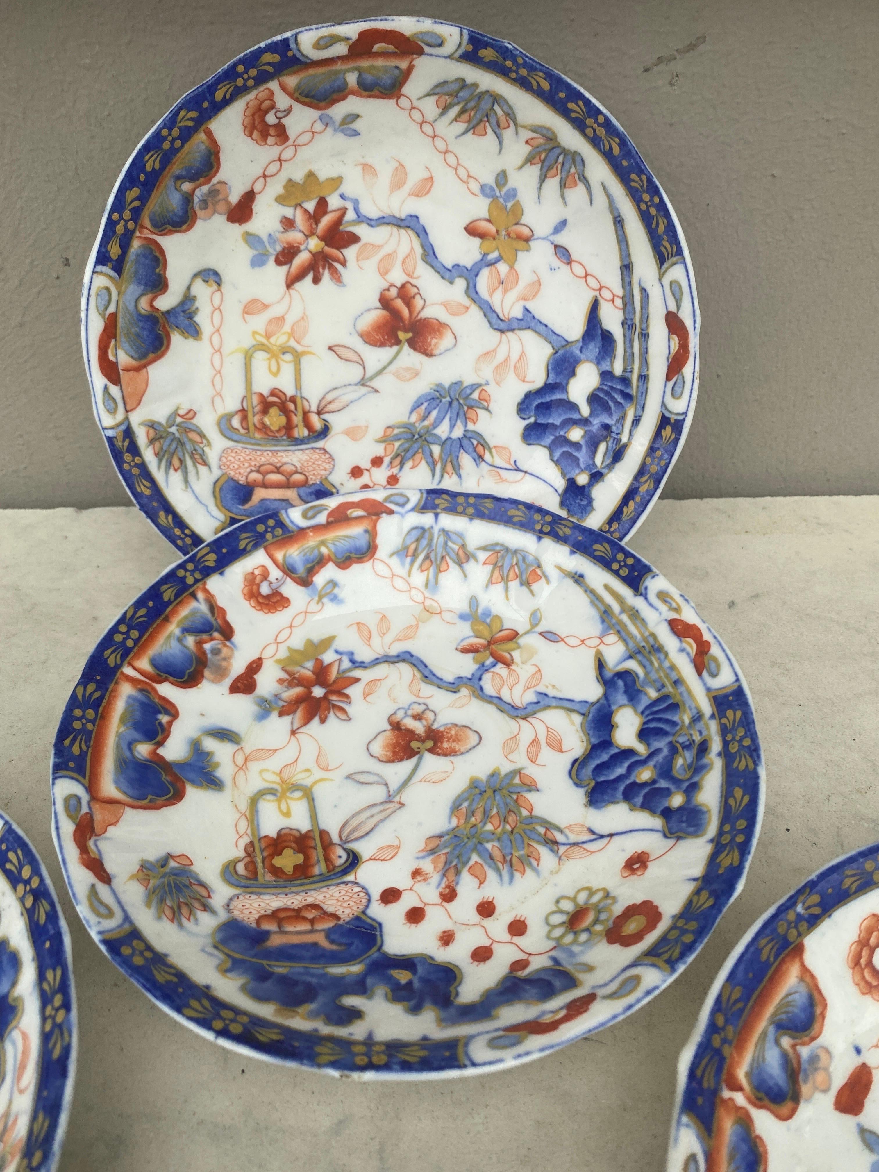 English Imari set of 5 porcelain small bowl plates.